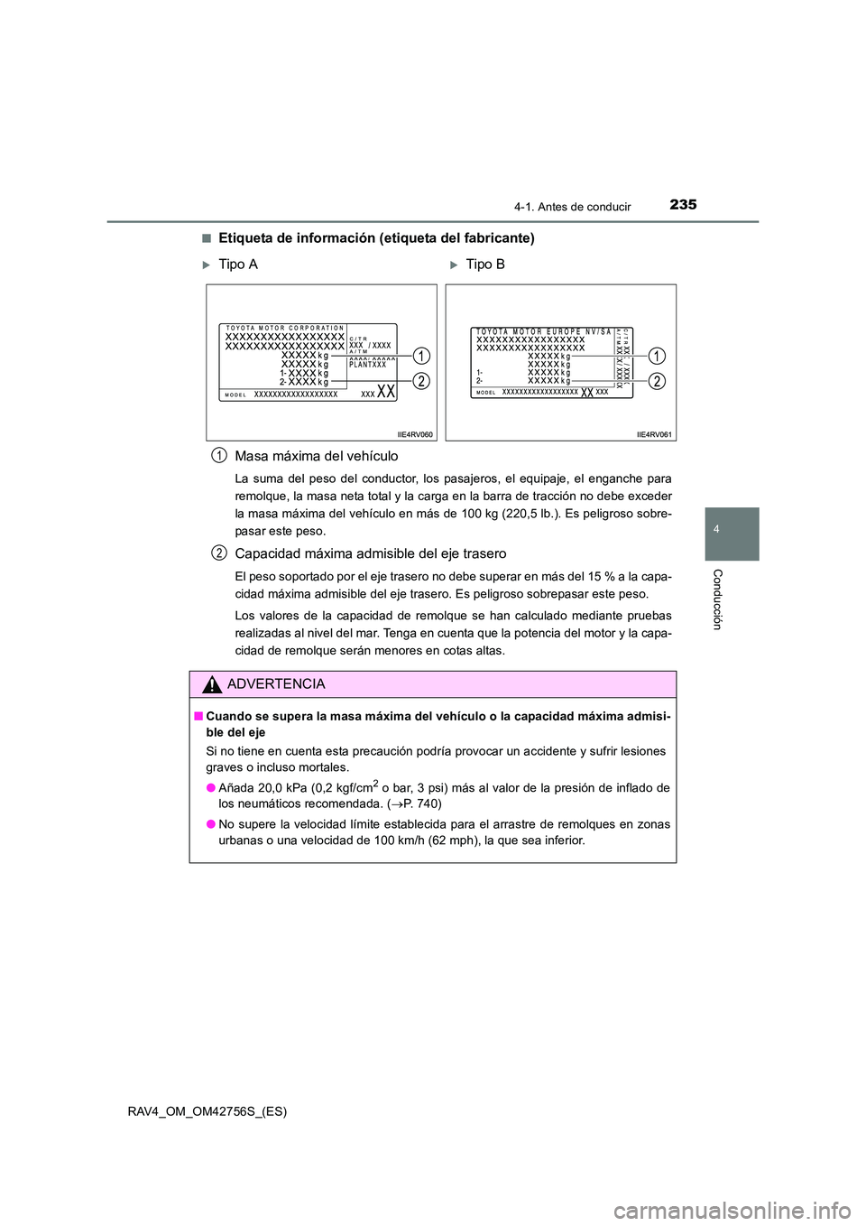 TOYOTA RAV4 2017  Manual del propietario (in Spanish) 2354-1. Antes de conducir
4
Conducción
RAV4_OM_OM42756S_(ES)■
Etiqueta de información (etiqueta del fabricante)
Masa máxima del vehículo
La suma del peso del conductor, los pasajeros, el equipaj