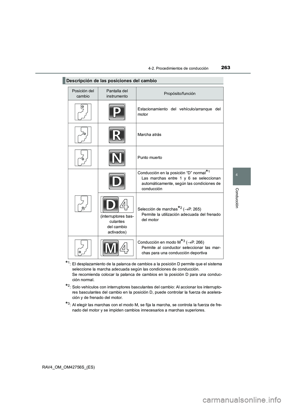TOYOTA RAV4 2017  Manual del propietario (in Spanish) 2634-2. Procedimientos de conducción
4
Conducción
RAV4_OM_OM42756S_(ES)
*1: El desplazamiento de la palanca de cambios a la posición D permite que el sistemaseleccione la marcha adecuada según las
