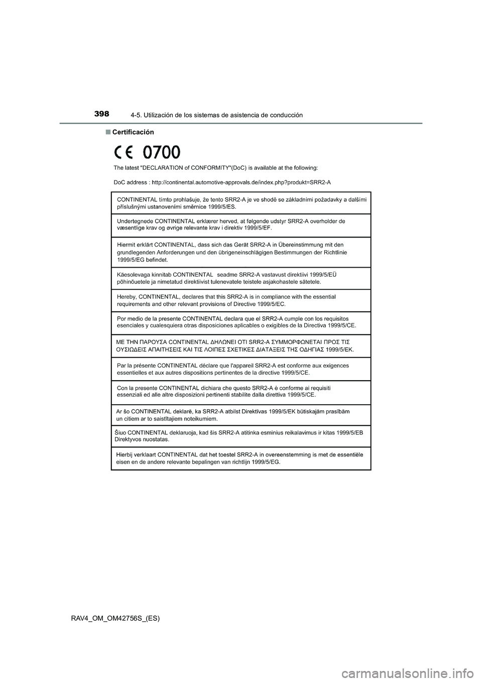 TOYOTA RAV4 2017  Manual del propietario (in Spanish) 3984-5. Utilización de los sistemas de asistencia de conducción
RAV4_OM_OM42756S_(ES)■
Certificación 