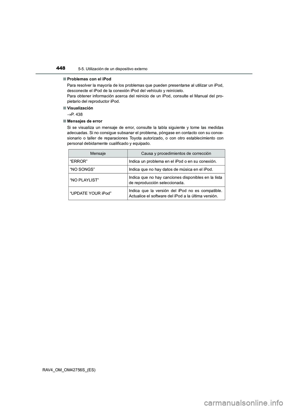 TOYOTA RAV4 2017 Manual del propietario (in Spanish) 4485-5. Utilización de un dispositivo externo
RAV4_OM_OM42756S_(ES)■
Problemas con el iPod
Para resolver la mayoría de los problemas que pueden presentarse al utilizar un iPod,
desconecte el iPod TOYOTA RAV4 2017 Manual del propietario (in Spanish) 4485-5. Utilización de un dispositivo externo
RAV4_OM_OM42756S_(ES)■
Problemas con el iPod
Para resolver la mayoría de los problemas que pueden presentarse al utilizar un iPod,
desconecte el iPod