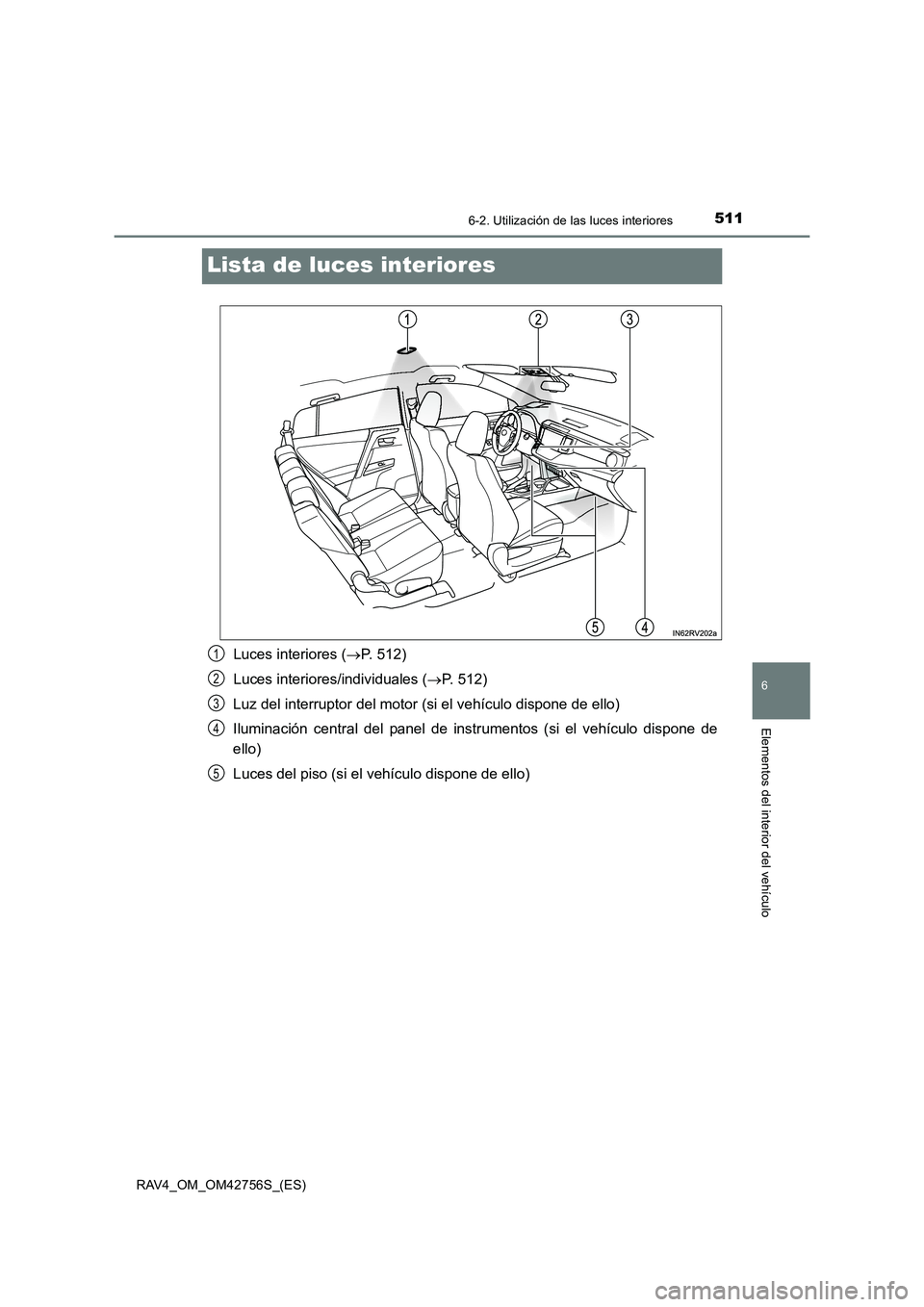 TOYOTA RAV4 2017 Manual del propietario (in Spanish) 5116-2. Utilización de las luces interiores
RAV4_OM_OM42756S_(ES)
6
Elementos del interior del vehículo
Lista de luces interiores
Luces interiores (→P. 512)
Luces interiores/individuales ( →P. 5 TOYOTA RAV4 2017 Manual del propietario (in Spanish) 5116-2. Utilización de las luces interiores
RAV4_OM_OM42756S_(ES)
6
Elementos del interior del vehículo
Lista de luces interiores
Luces interiores (→P. 512)
Luces interiores/individuales ( →P. 5
