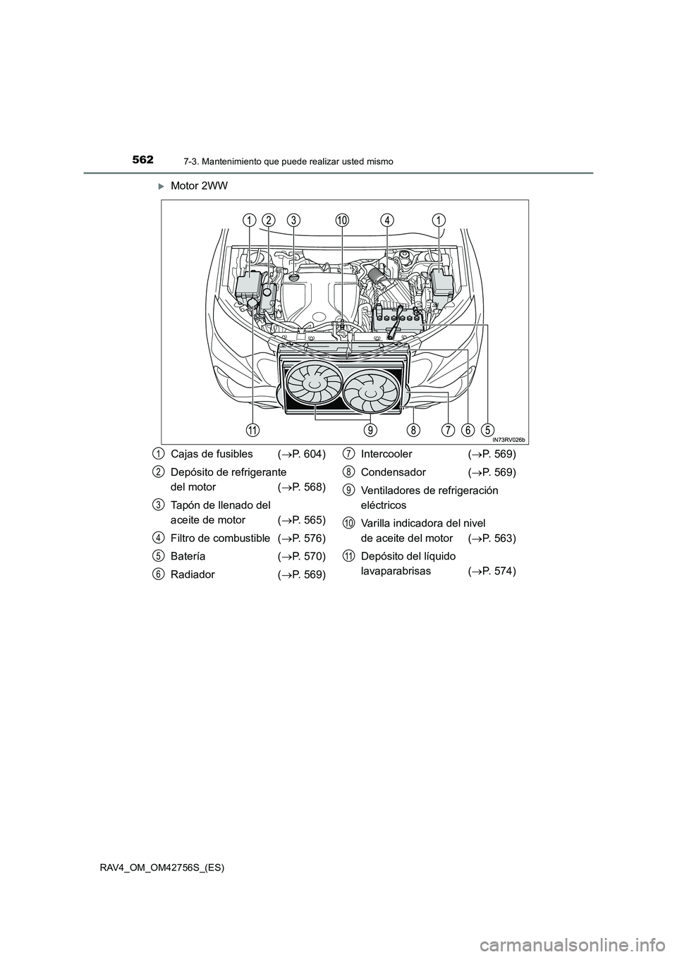 TOYOTA RAV4 2017  Manual del propietario (in Spanish) 5627-3. Mantenimiento que puede realizar usted mismo
RAV4_OM_OM42756S_(ES)
�XMotor 2WW
Cajas de fusibles  (→P. 604)
Depósito de refrigerante 
del motor  ( →P. 568)
Tapón de llenado del 
aceite d