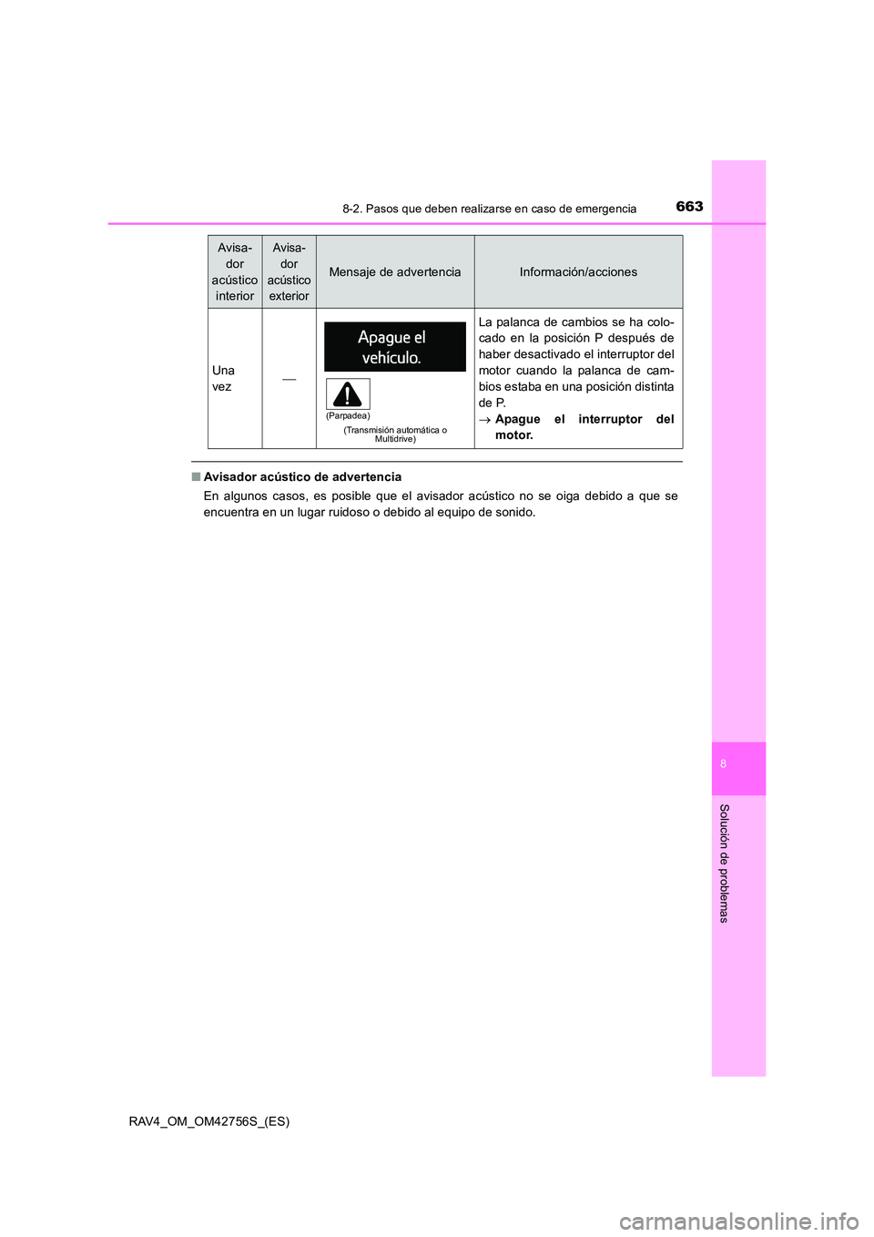 TOYOTA RAV4 2017 Manual del propietario (in Spanish) 6638-2. Pasos que deben realizarse en caso de emergencia
8
Solución de problemas
RAV4_OM_OM42756S_(ES)
■Avisador acústico de advertencia
En algunos casos, es posible que el avisador acústico no s TOYOTA RAV4 2017 Manual del propietario (in Spanish) 6638-2. Pasos que deben realizarse en caso de emergencia
8
Solución de problemas
RAV4_OM_OM42756S_(ES)
■Avisador acústico de advertencia
En algunos casos, es posible que el avisador acústico no s