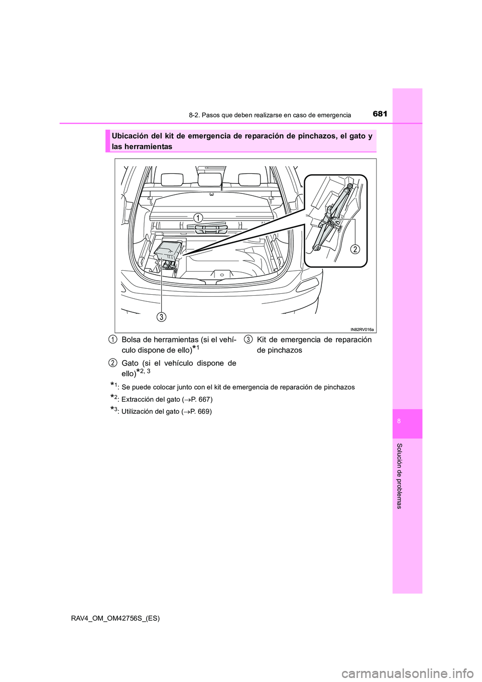 TOYOTA RAV4 2017 Manual del propietario (in Spanish) 6818-2. Pasos que deben realizarse en caso de emergencia
8
Solución de problemas
RAV4_OM_OM42756S_(ES)
*1: Se puede colocar junto con el kit de emergencia de reparación de pinchazos
*2: Extracción TOYOTA RAV4 2017 Manual del propietario (in Spanish) 6818-2. Pasos que deben realizarse en caso de emergencia
8
Solución de problemas
RAV4_OM_OM42756S_(ES)
*1: Se puede colocar junto con el kit de emergencia de reparación de pinchazos
*2: Extracción