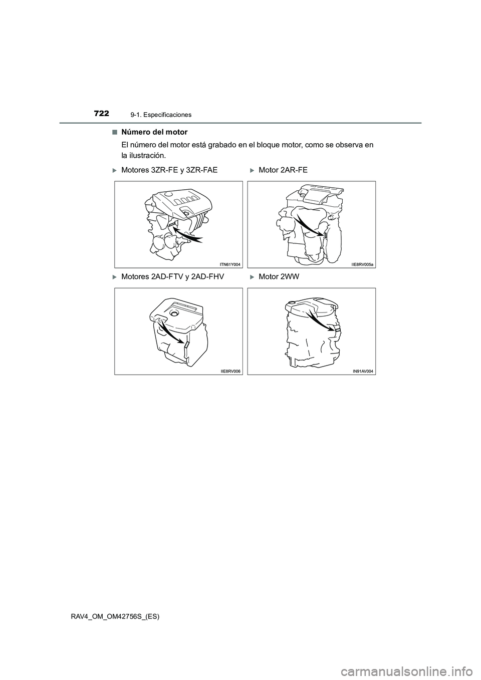 TOYOTA RAV4 2017  Manual del propietario (in Spanish) 7229-1. Especificaciones
RAV4_OM_OM42756S_(ES)■
Número del motor
El número del motor está grabado en el bloque motor, como se observa en
la ilustración.
�XMotores 3ZR-FE y 3ZR-FAE�XMotor 2AR-FE
