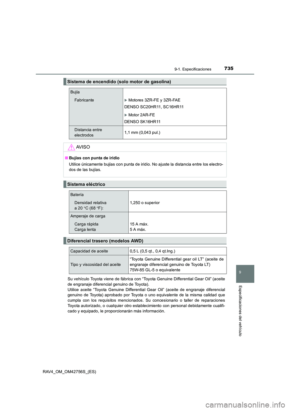 TOYOTA RAV4 2017  Manual del propietario (in Spanish) 7359-1. Especificaciones
RAV4_OM_OM42756S_(ES)
9
Especificaciones del vehículo
Su vehículo Toyota viene de fábrica con “Toyota Genuine Differential Gear Oil” (aceite
de engranaje diferencial ge