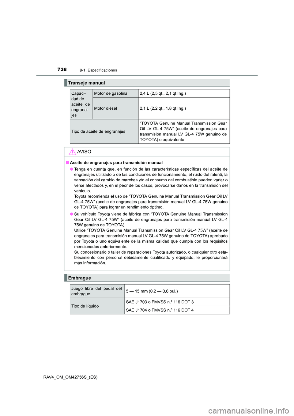 TOYOTA RAV4 2017  Manual del propietario (in Spanish) 7389-1. Especificaciones
RAV4_OM_OM42756S_(ES)
Transeje manual
Capaci-
dad de 
aceite de
engrana-
jesMotor de gasolina2,4 L (2,5 qt., 2,1 qt.Ing.)
Motor diésel2,1 L (2,2 qt., 1,8 qt.Ing.)
Tipo de ace