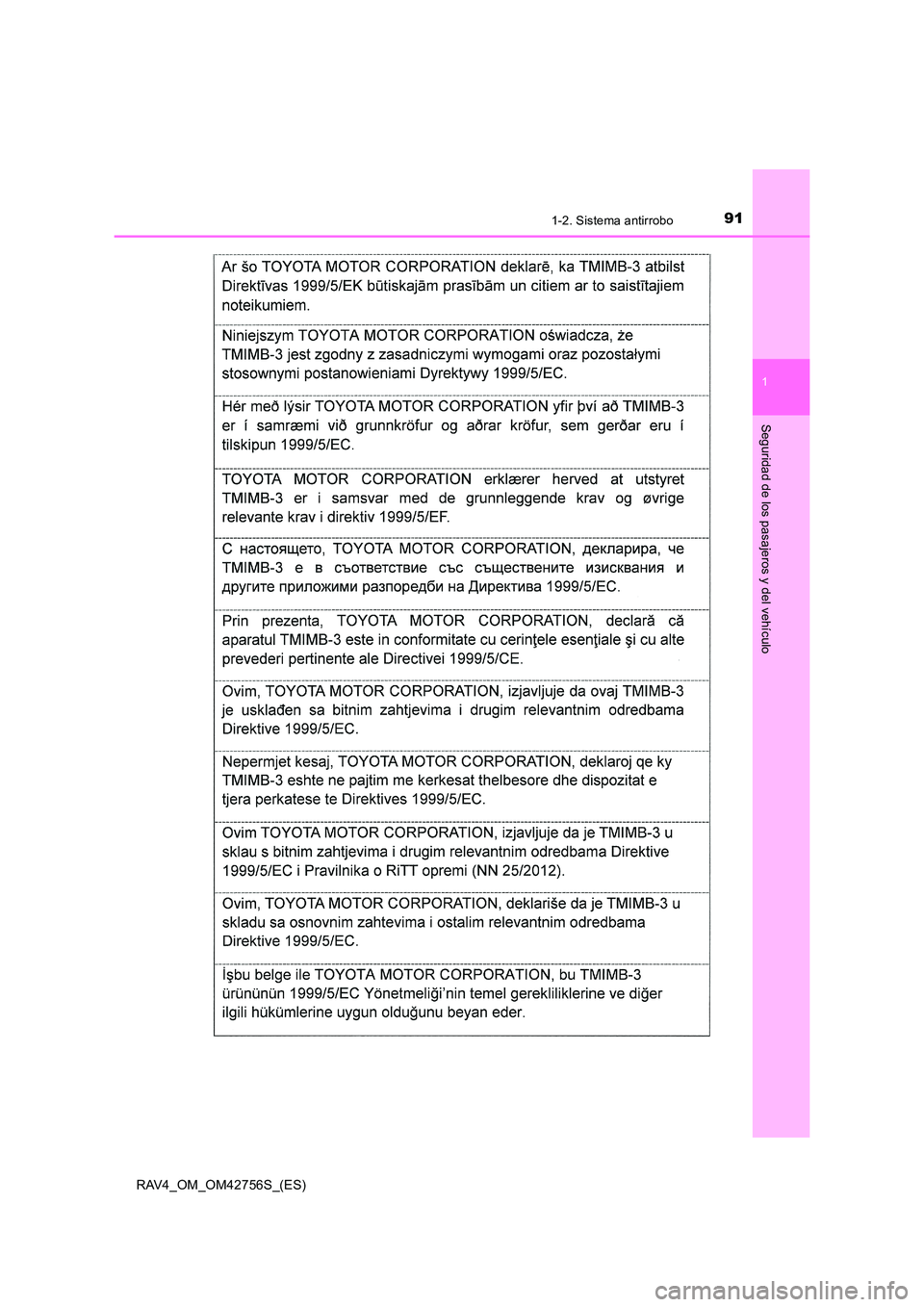 TOYOTA RAV4 2017 Manual del propietario (in Spanish) 911-2. Sistema antirrobo
1
RAV4_OM_OM42756S_(ES)
Seguridad de los pasajeros y del vehículo TOYOTA RAV4 2017 Manual del propietario (in Spanish) 911-2. Sistema antirrobo
1
RAV4_OM_OM42756S_(ES)
Seguridad de los pasajeros y del vehículo