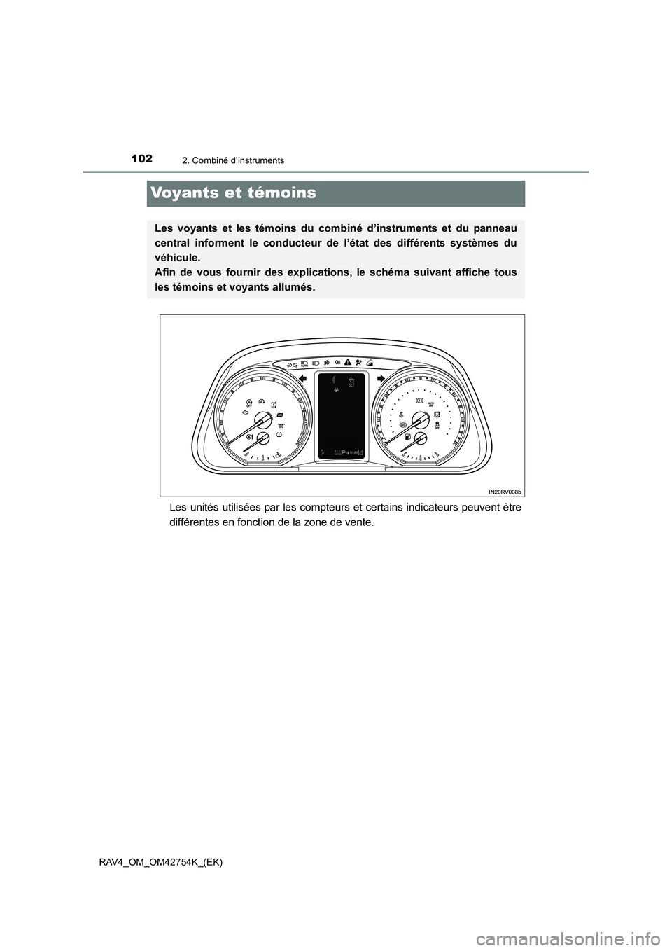 TOYOTA RAV4 2017  Manuel du propriétaire (in French) 1022. Combiné d’instruments
RAV4_OM_OM42754K_(EK)
Voyants et témoins
Les unités utilisées par les compteurs et certains indicateurs peuvent être
différentes en fonction de la zone de vente.
Le