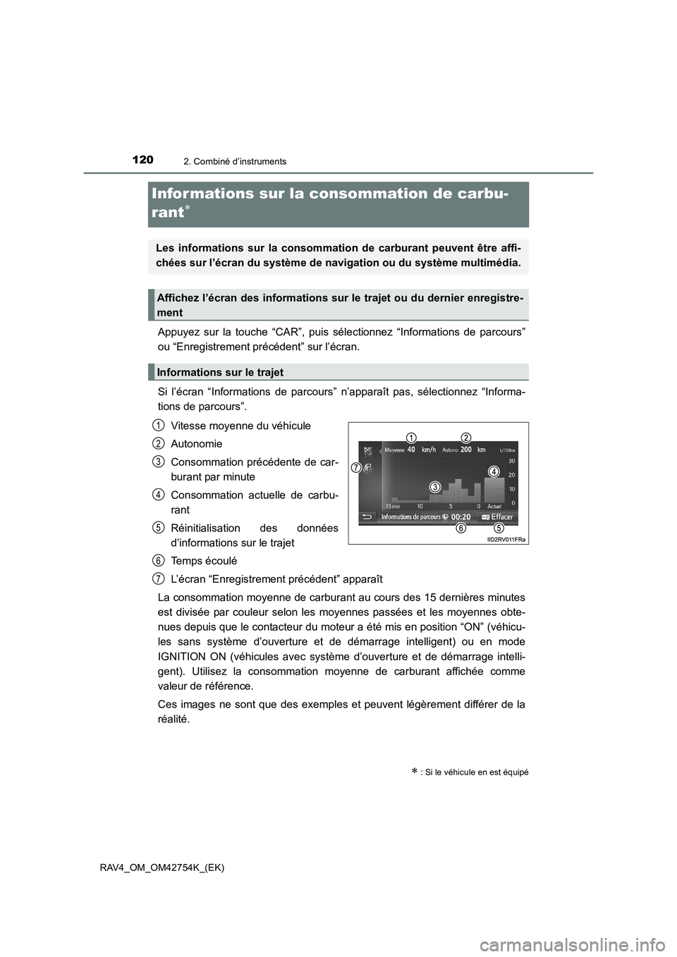 TOYOTA RAV4 2017  Manuel du propriétaire (in French) 1202. Combiné d’instruments
RAV4_OM_OM42754K_(EK)
Infor mations sur la consommation de carbu-
rant
∗
Appuyez sur la touche “CAR”, puis sélectionnez “Informations de parcours”
ou “Enreg