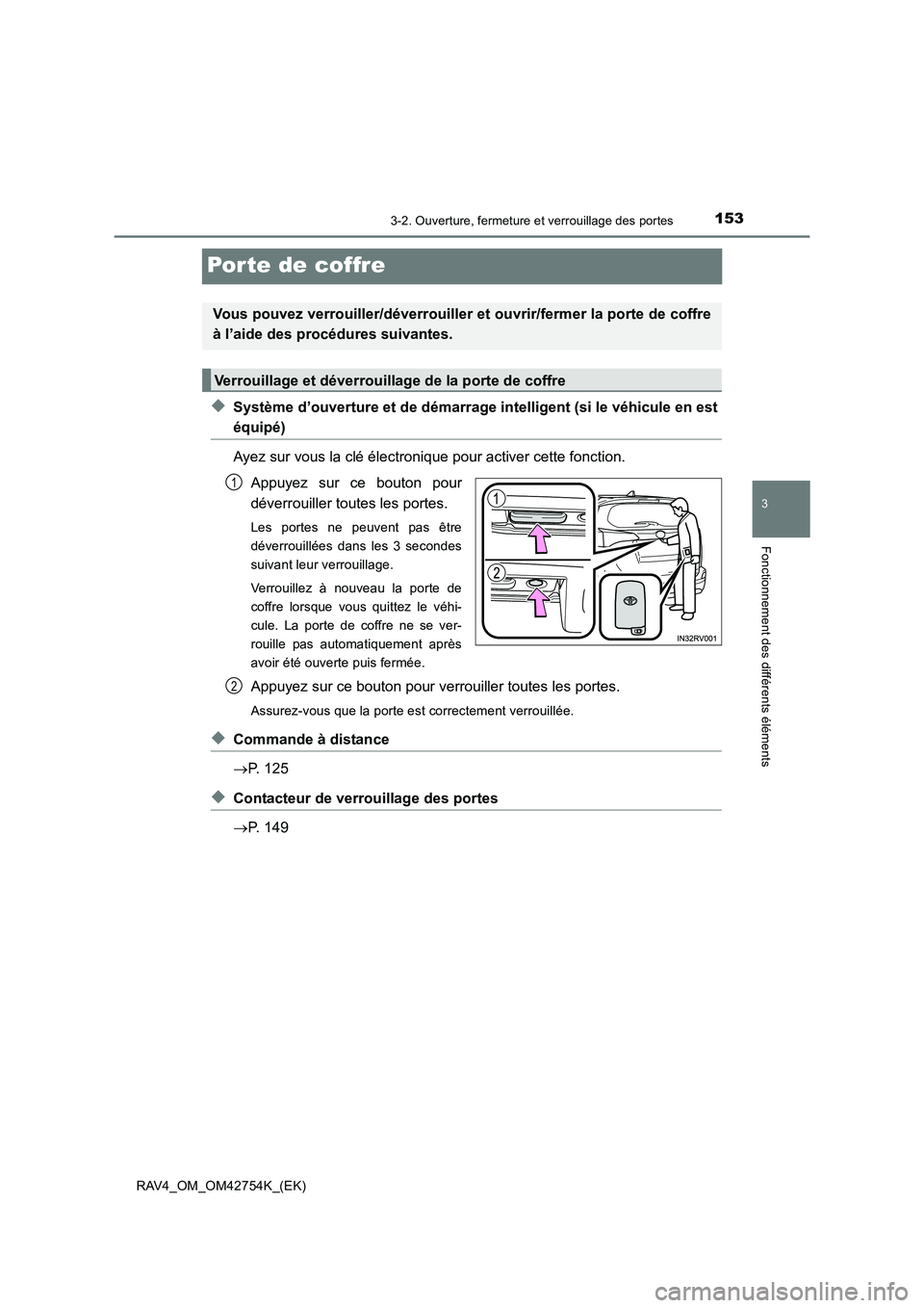 TOYOTA RAV4 2017  Manuel du propriétaire (in French) 153
3
3-2. Ouverture, fermeture et verrouillage des portes
Fonctionnement des différents éléments
RAV4_OM_OM42754K_(EK)
Porte de coffre
◆Système d’ouverture et de démarrage intelligent (si le