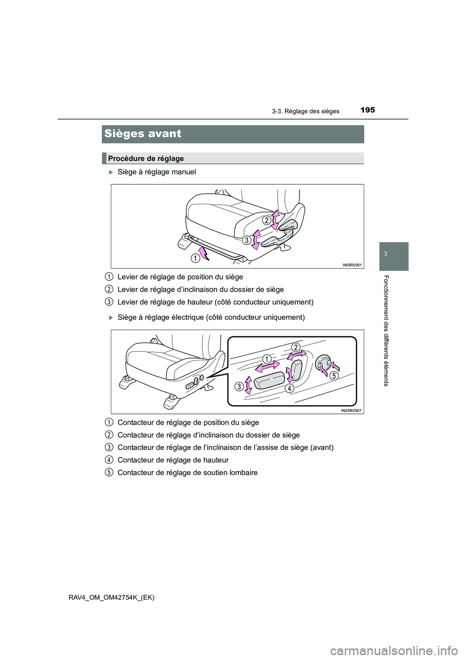 TOYOTA RAV4 2017  Manuel du propriétaire (in French) 195
3
3-3. Réglage des sièges
Fonctionnement des différents éléments
RAV4_OM_OM42754K_(EK)
Sièges avant
�XSiège à réglage manuel
Levier de réglage de position du siège
Levier de réglage d