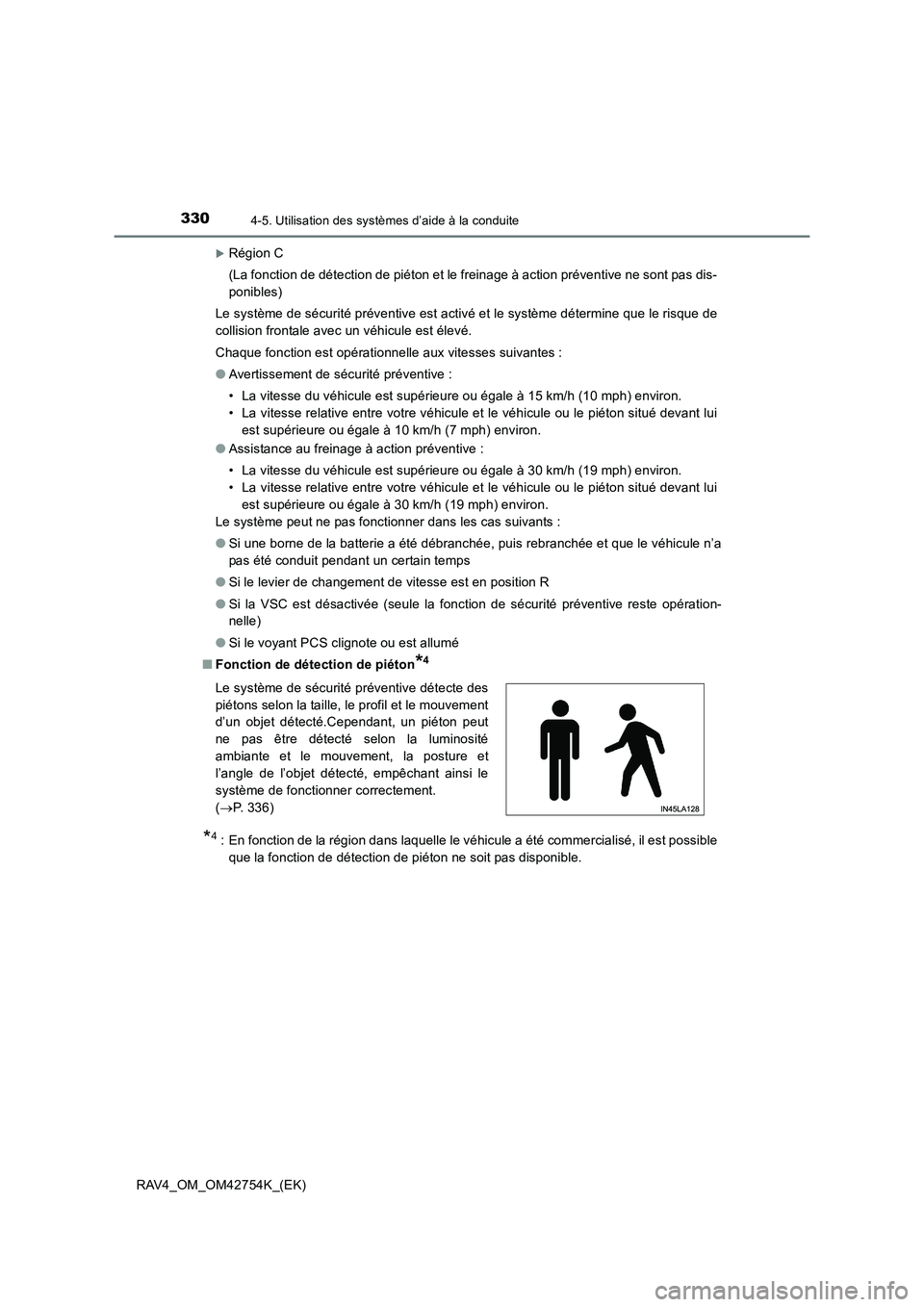 TOYOTA RAV4 2017  Manuel du propriétaire (in French) 3304-5. Utilisation des systèmes d’aide à la conduite
RAV4_OM_OM42754K_(EK)
�XRégion C
(La fonction de détection de piéton et le freinage à action préventive ne sont pas dis-
ponibles)
Le sys