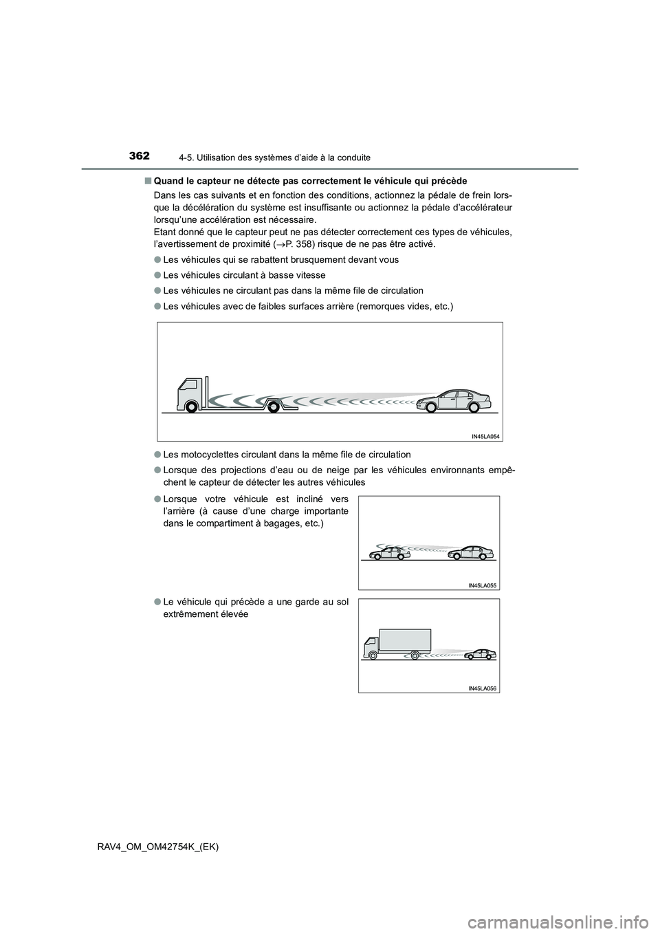 TOYOTA RAV4 2017  Manuel du propriétaire (in French) 3624-5. Utilisation des systèmes d’aide à la conduite
RAV4_OM_OM42754K_(EK)■
Quand le capteur ne détecte pas correctement le véhicule qui précède
Dans les cas suivants et en fonction des con