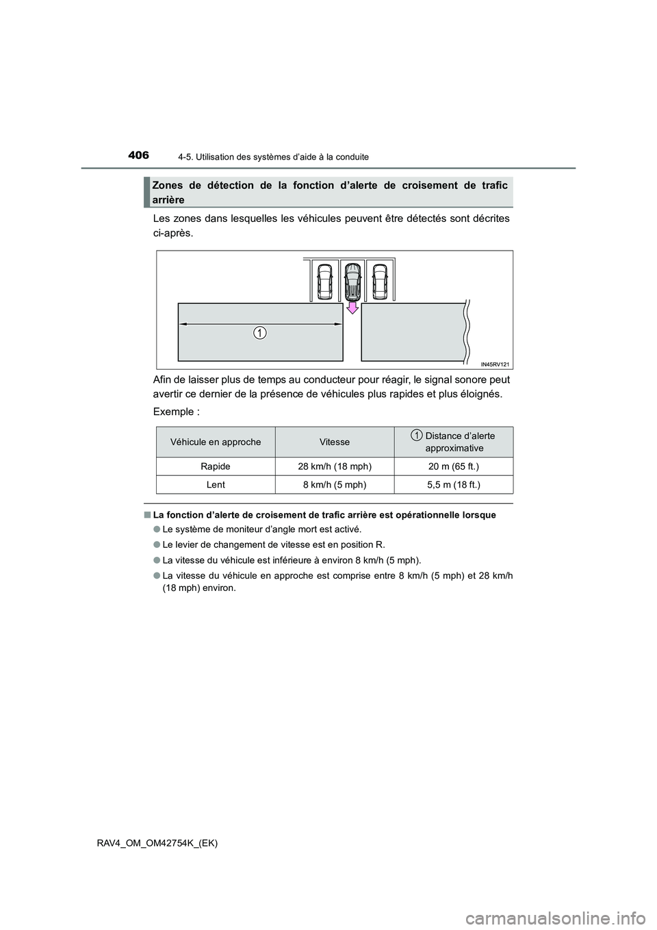 TOYOTA RAV4 2017  Manuel du propriétaire (in French) 4064-5. Utilisation des systèmes d’aide à la conduite
RAV4_OM_OM42754K_(EK)
Les zones dans lesquelles les véhicules peuvent être détectés sont décrites
ci-après.
Afin de laisser plus de temp