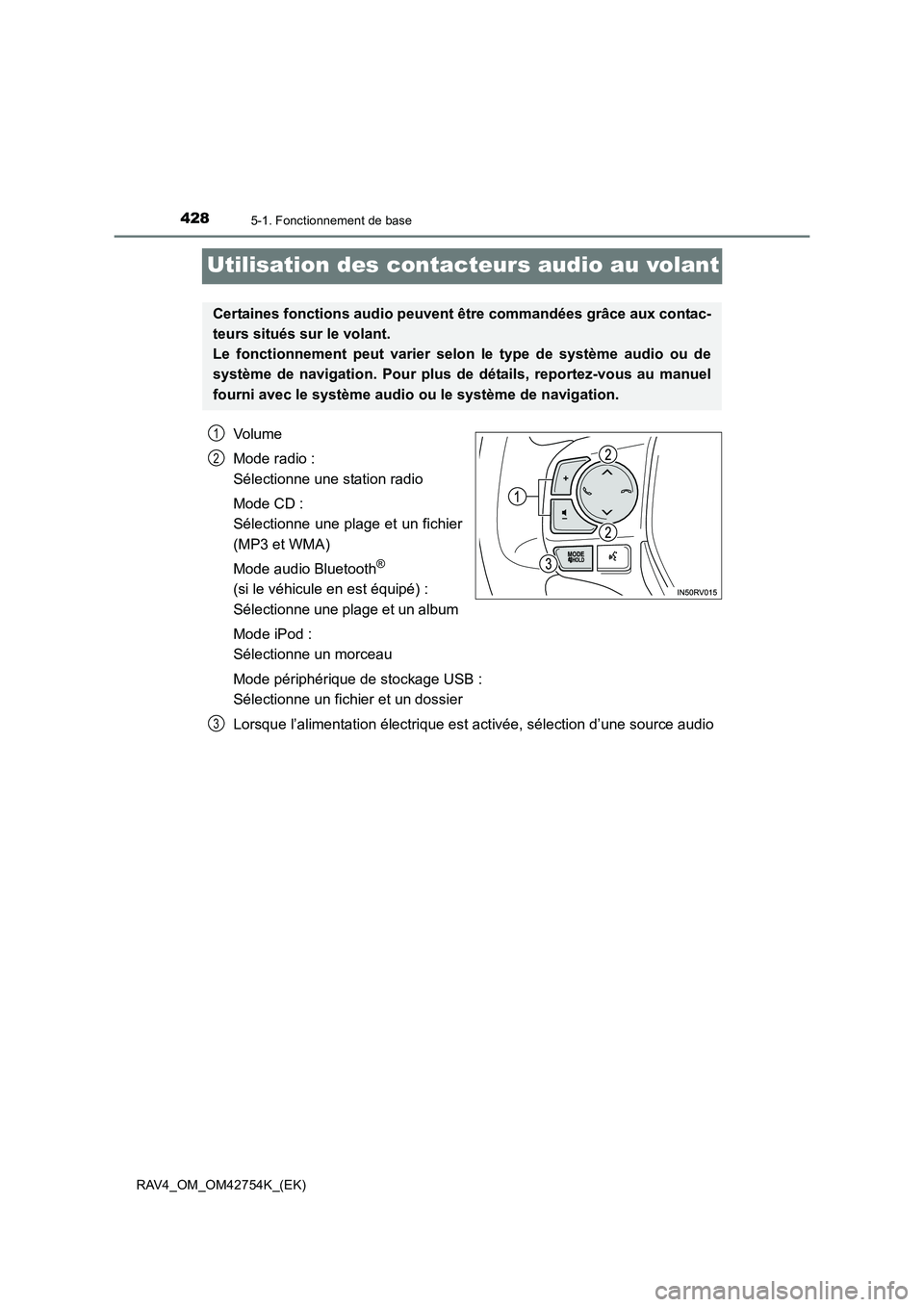TOYOTA RAV4 2017  Manuel du propriétaire (in French) 4285-1. Fonctionnement de base
RAV4_OM_OM42754K_(EK)
Utilisation des contacteurs audio au volant
Volume
Mode radio : 
Sélectionne une station radio
Mode CD : 
Sélectionne une plage et un fichier
(MP