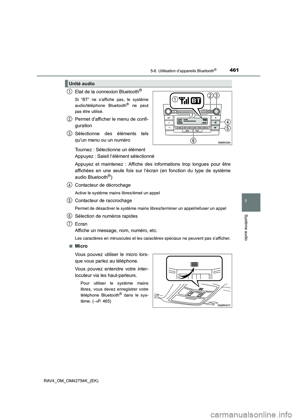 TOYOTA RAV4 2017  Manuel du propriétaire (in French) 4615-6. Utilisation d’appareils Bluetooth®
5
Système audio
RAV4_OM_OM42754K_(EK)
Etat de la connexion Bluetooth®
Si “BT” ne s’affiche pas, le système
audio/téléphone Bluetooth® ne peut
