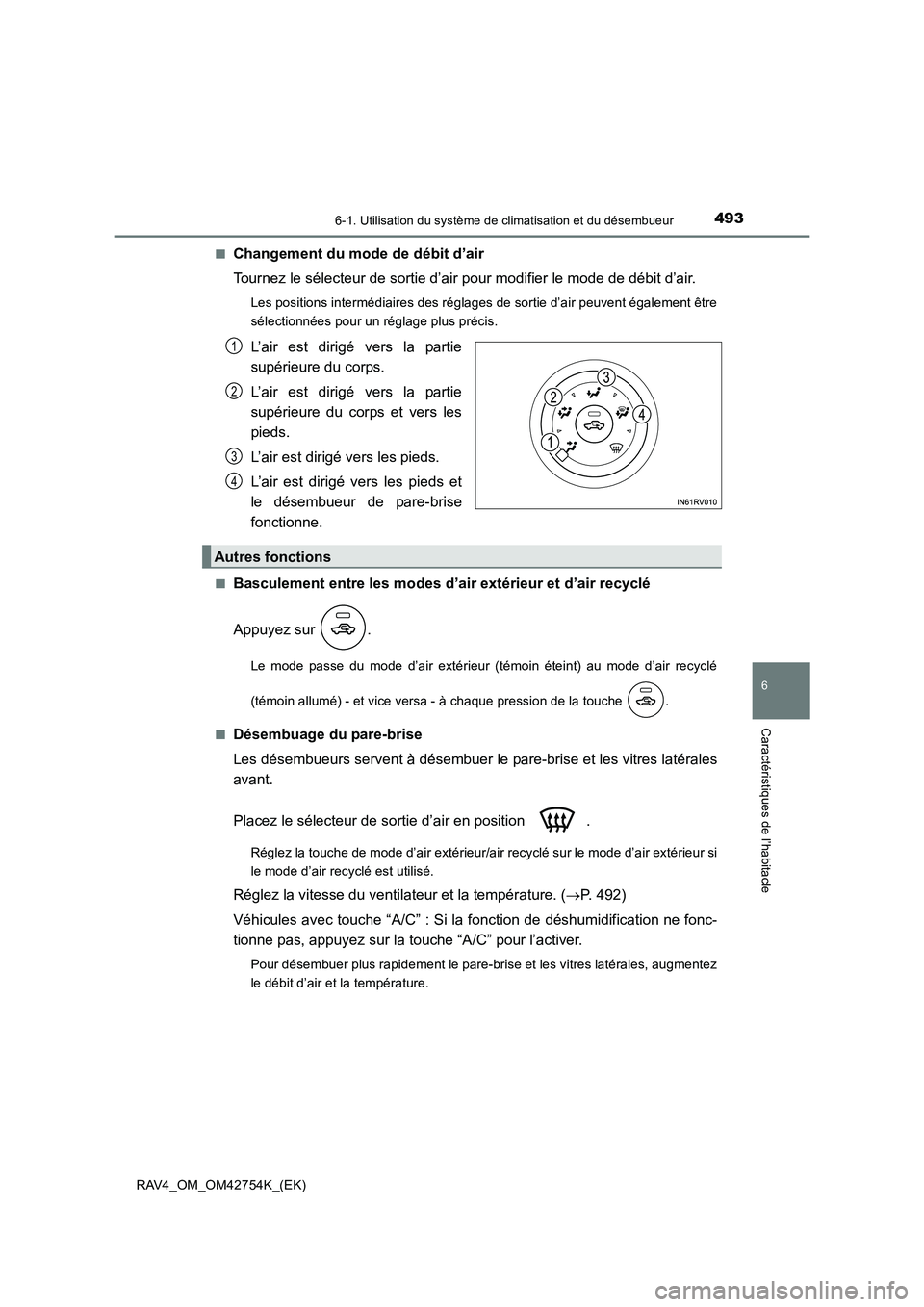 TOYOTA RAV4 2017  Manuel du propriétaire (in French) 4936-1. Utilisation du système de climatisation et du désembueur
6
Caractéristiques de l’habitacle
RAV4_OM_OM42754K_(EK)■
Changement du mode de débit d’air
Tournez le sélecteur de sortie d