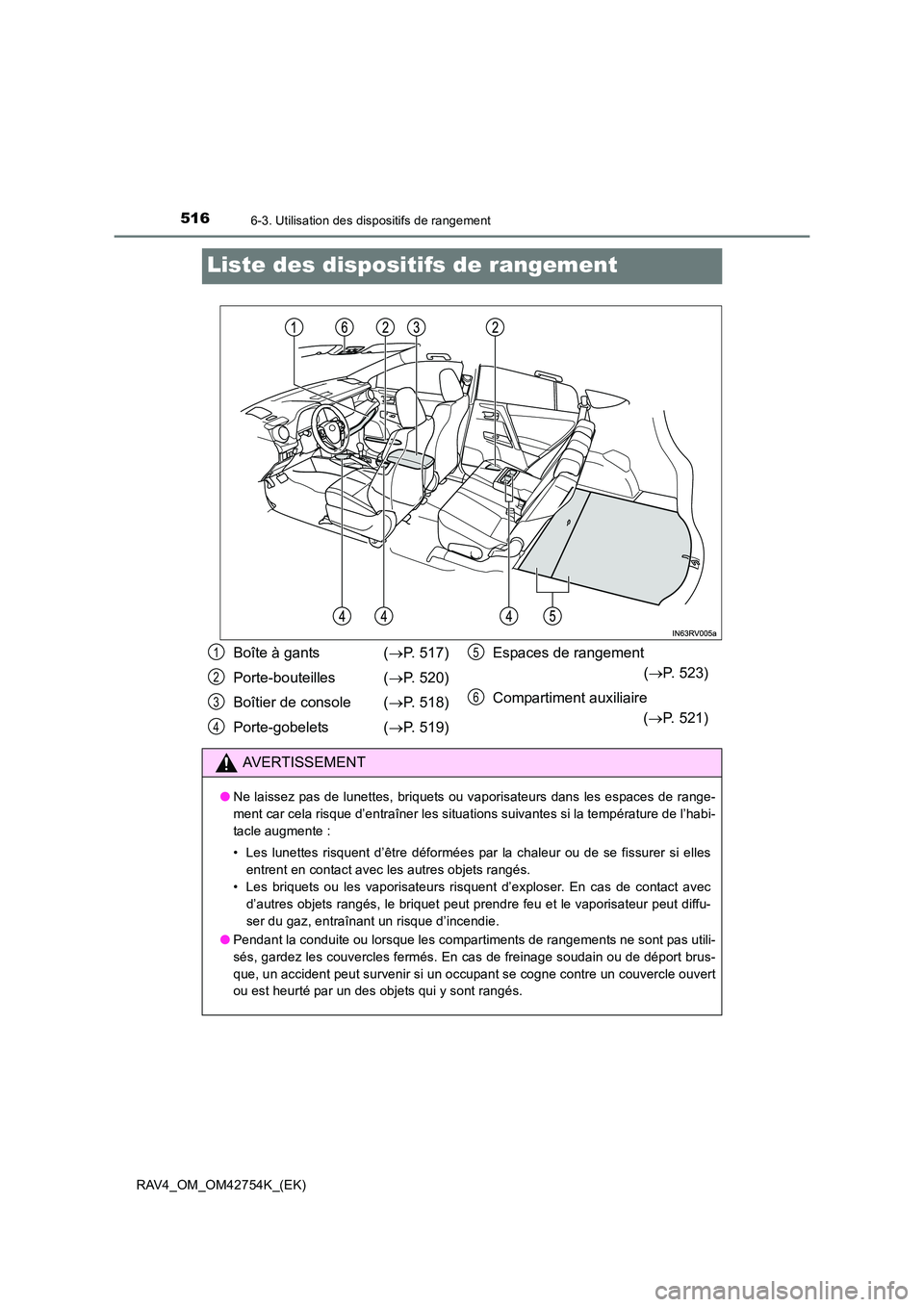 TOYOTA RAV4 2017  Manuel du propriétaire (in French) 5166-3. Utilisation des dispositifs de rangement
RAV4_OM_OM42754K_(EK)
Liste des dispositifs de rangement
Boîte à gants (→P. 517)
Porte-bouteilles ( →P. 520)
Boîtier de console  ( →P. 518)
Po