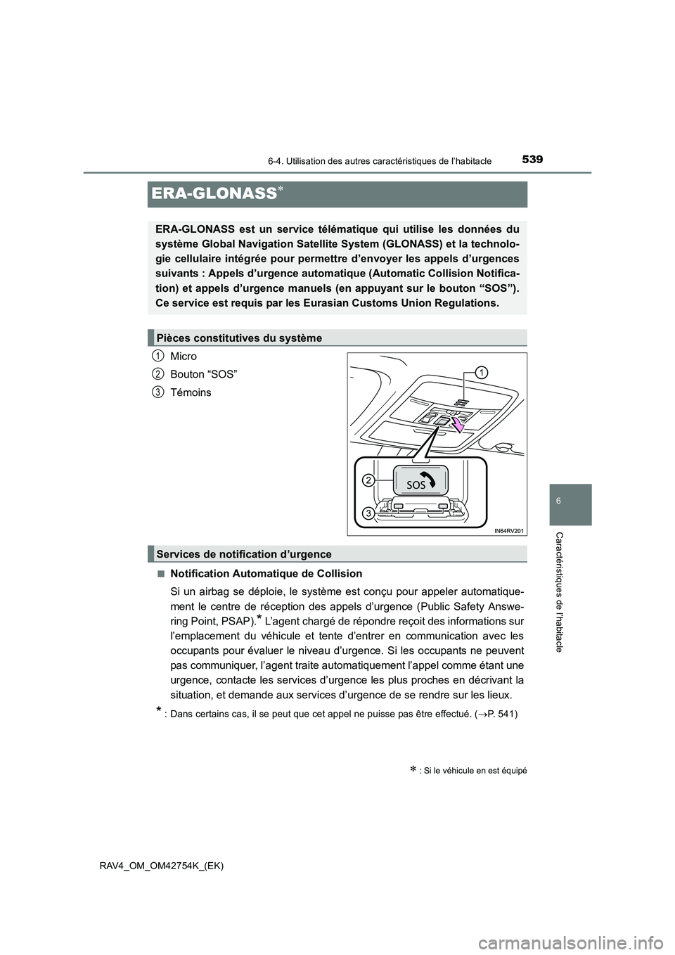 TOYOTA RAV4 2017  Manuel du propriétaire (in French) 5396-4. Utilisation des autres caractéristiques de l’habitacle
RAV4_OM_OM42754K_(EK)
6
Caractéristiques de l’habitacle
ERA-GLONASS∗
Micro
Bouton “SOS”
Témoins
■Notification Automatique 