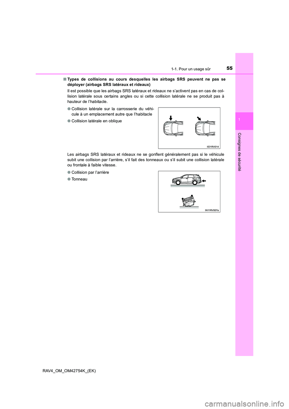 TOYOTA RAV4 2017 Manuel du propriétaire (in French) 551-1. Pour un usage sûr
1
RAV4_OM_OM42754K_(EK)
Consignes de sécurité
■Types de collisions au cours desquelles les airbags SRS peuvent ne pas se
déployer (airbags SRS latéraux et rideaux)
Il e TOYOTA RAV4 2017 Manuel du propriétaire (in French) 551-1. Pour un usage sûr
1
RAV4_OM_OM42754K_(EK)
Consignes de sécurité
■Types de collisions au cours desquelles les airbags SRS peuvent ne pas se
déployer (airbags SRS latéraux et rideaux)
Il e
