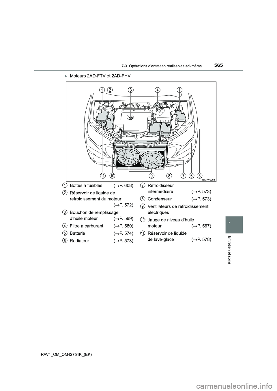 TOYOTA RAV4 2017  Manuel du propriétaire (in French) 5657-3. Opérations d’entretien réalisables soi-même
RAV4_OM_OM42754K_(EK)
7
Entretien et soins
�XMoteurs 2AD-FTV et 2AD-FHV
Boîtes à fusibles (→P. 608)
Réservoir de liquide de 
refroidisseme