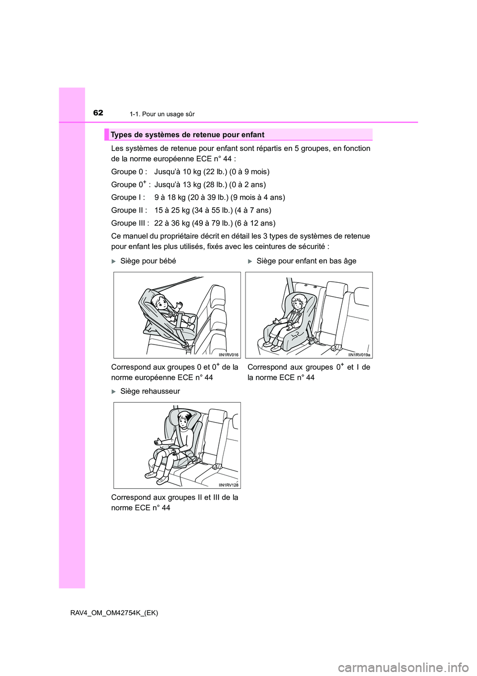TOYOTA RAV4 2017 Manuel du propriétaire (in French) 621-1. Pour un usage sûr
RAV4_OM_OM42754K_(EK)
Les systèmes de retenue pour enfant sont répartis en 5 groupes, en fonction
de la norme européenne ECE n° 44 :
Groupe 0 : Jusqu’à 10 kg (22 lb.) TOYOTA RAV4 2017 Manuel du propriétaire (in French) 621-1. Pour un usage sûr
RAV4_OM_OM42754K_(EK)
Les systèmes de retenue pour enfant sont répartis en 5 groupes, en fonction
de la norme européenne ECE n° 44 :
Groupe 0 : Jusqu’à 10 kg (22 lb.)