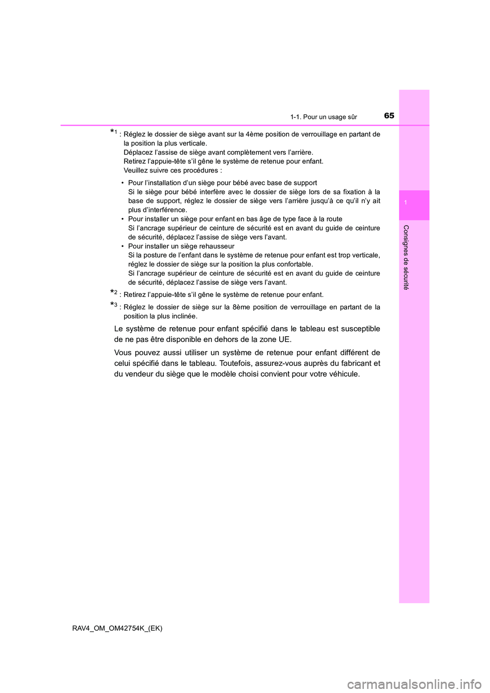 TOYOTA RAV4 2017 Manuel du propriétaire (in French) 651-1. Pour un usage sûr
1
RAV4_OM_OM42754K_(EK)
Consignes de sécurité
*1 : Réglez le dossier de siège avant sur la 4ème position de verrouillage en partant dela position la plus verticale.
Dé TOYOTA RAV4 2017 Manuel du propriétaire (in French) 651-1. Pour un usage sûr
1
RAV4_OM_OM42754K_(EK)
Consignes de sécurité
*1 : Réglez le dossier de siège avant sur la 4ème position de verrouillage en partant dela position la plus verticale.
Dé