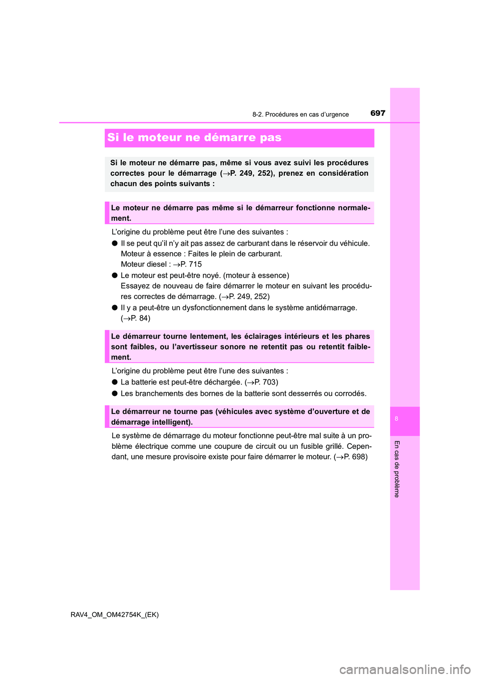 TOYOTA RAV4 2017 Manuel du propriétaire (in French) 6978-2. Procédures en cas d’urgence
8
En cas de problème
RAV4_OM_OM42754K_(EK)
Si le moteur ne démarre pas
L’origine du problème peut être l’une des suivantes :
●Il se peut qu’il n’y TOYOTA RAV4 2017 Manuel du propriétaire (in French) 6978-2. Procédures en cas d’urgence
8
En cas de problème
RAV4_OM_OM42754K_(EK)
Si le moteur ne démarre pas
L’origine du problème peut être l’une des suivantes :
●Il se peut qu’il n’y