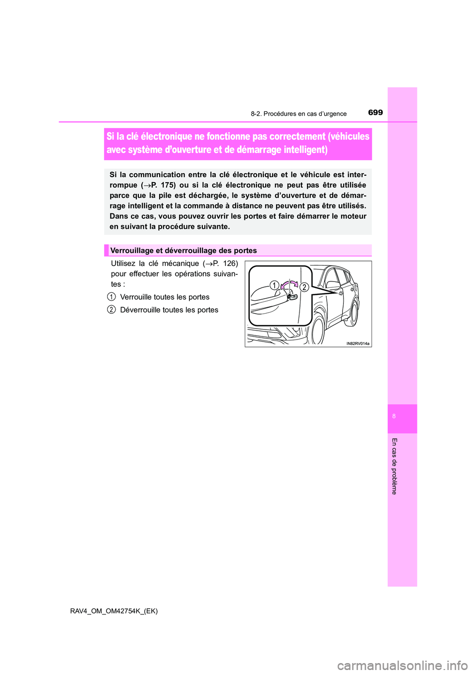 TOYOTA RAV4 2017 Manuel du propriétaire (in French) 6998-2. Procédures en cas d’urgence
8
En cas de problème
RAV4_OM_OM42754K_(EK)
Si la clé électronique ne fonctionne pas correctement (véhicules
avec système d’ouverture et de démar rage in TOYOTA RAV4 2017 Manuel du propriétaire (in French) 6998-2. Procédures en cas d’urgence
8
En cas de problème
RAV4_OM_OM42754K_(EK)
Si la clé électronique ne fonctionne pas correctement (véhicules
avec système d’ouverture et de démar rage in