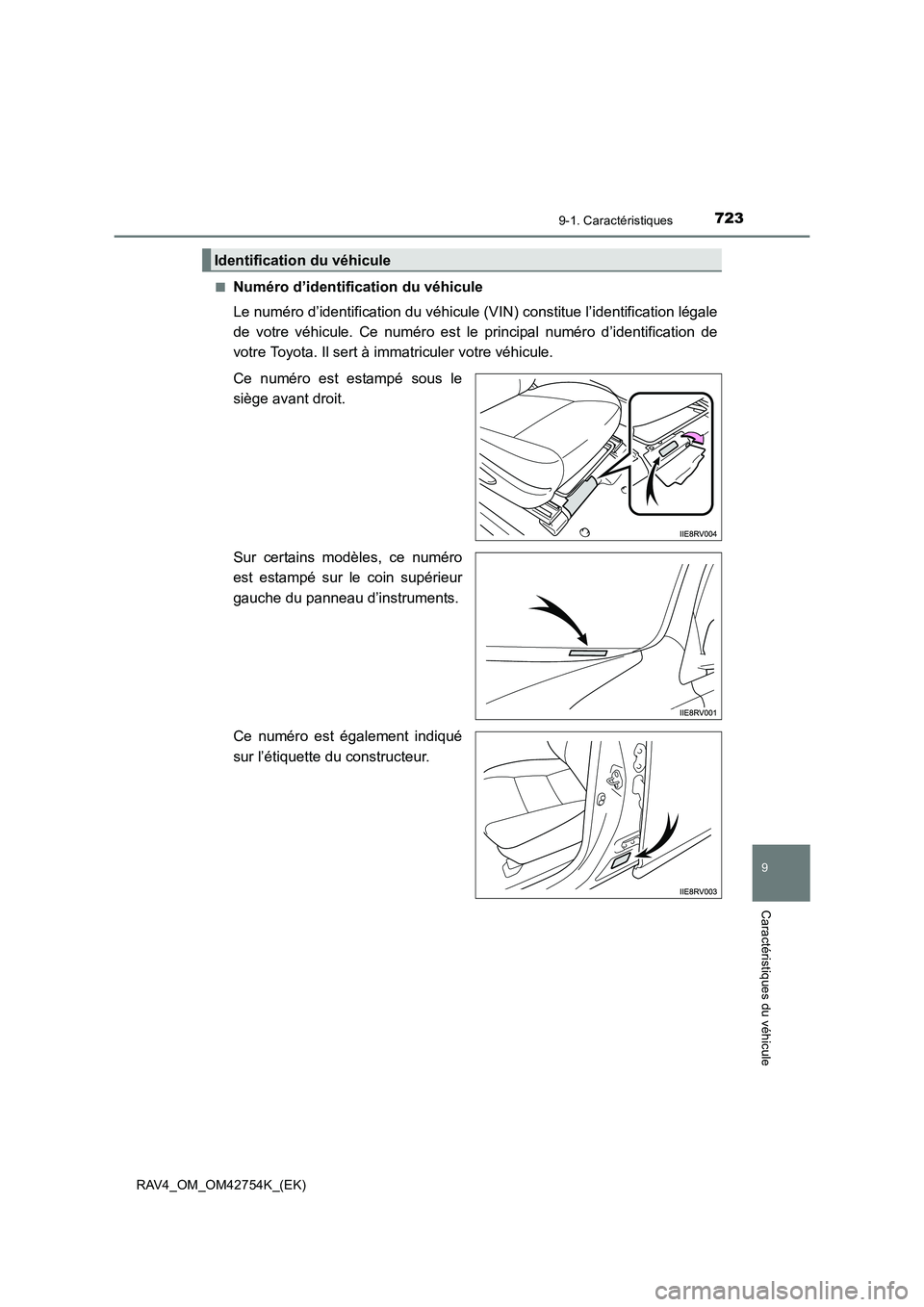 TOYOTA RAV4 2017  Manuel du propriétaire (in French) 7239-1. Caractéristiques
RAV4_OM_OM42754K_(EK)
9
Caractéristiques du véhicule
■Numéro d’identification du véhicule
Le numéro d’identification du véhicule (VIN) constitue l’identificatio