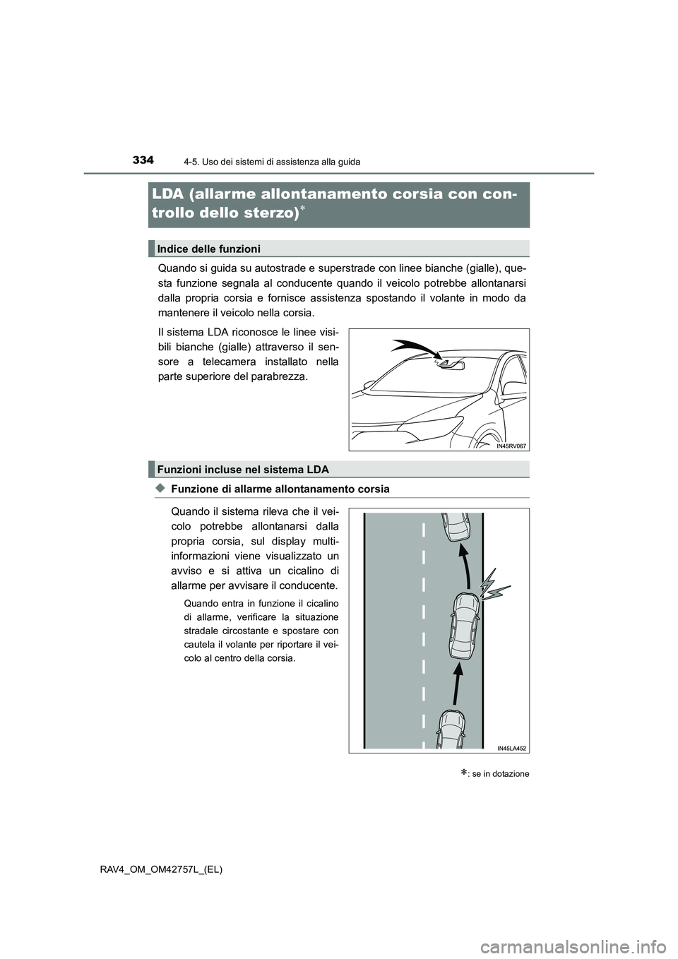 TOYOTA RAV4 2017  Manuale duso (in Italian) 3344-5. Uso dei sistemi di assistenza alla guida
RAV4_OM_OM42757L_(EL)
LDA (allar me allontanamento corsia con con-
trollo dello sterzo)
∗
Quando si guida su autostrade e superstrade con linee bianc