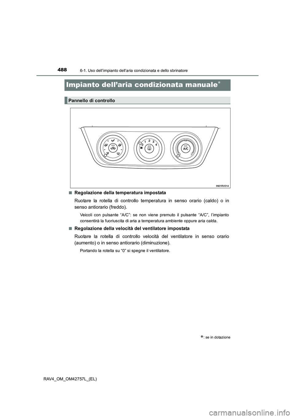 TOYOTA RAV4 2017 Manuale duso (in Italian) 4886-1. Uso dell’impianto dell’aria condizionata e dello sbrinatore
RAV4_OM_OM42757L_(EL)
Impianto dell’aria condizionata manuale∗
■Regolazione della temperatura impostata
Ruotare la rotella TOYOTA RAV4 2017 Manuale duso (in Italian) 4886-1. Uso dell’impianto dell’aria condizionata e dello sbrinatore
RAV4_OM_OM42757L_(EL)
Impianto dell’aria condizionata manuale∗
■Regolazione della temperatura impostata
Ruotare la rotella