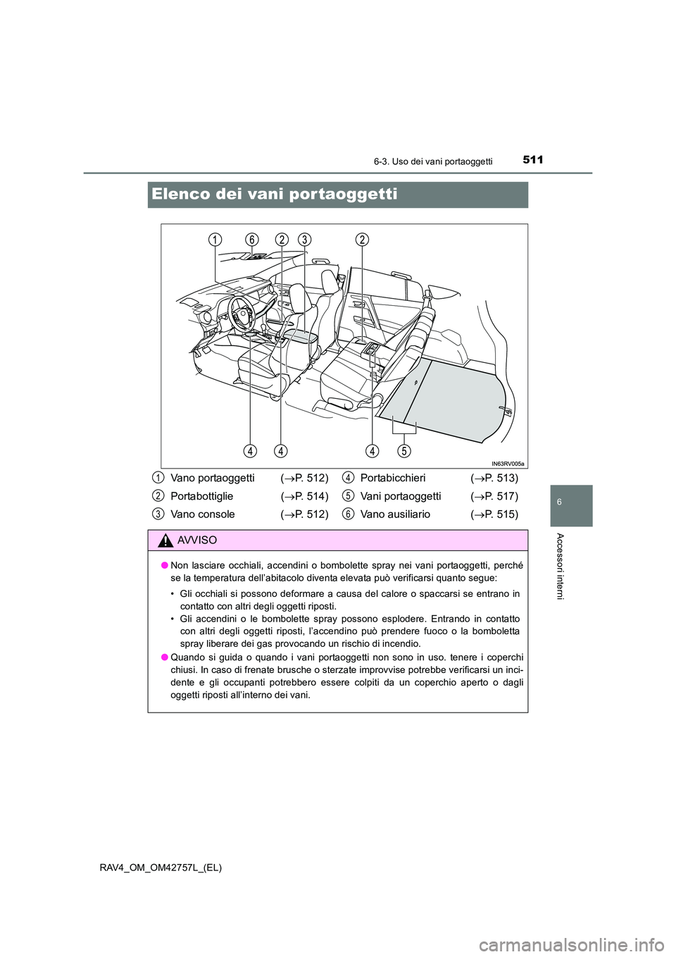 TOYOTA RAV4 2017  Manuale duso (in Italian) 5116-3. Uso dei vani portaoggetti
RAV4_OM_OM42757L_(EL)
6
Accessori interni
Elenco dei vani por taoggetti
Vano portaoggetti (→P. 512)
Portabottiglie ( →P. 514)
Vano console  ( →P. 512) Portabicc