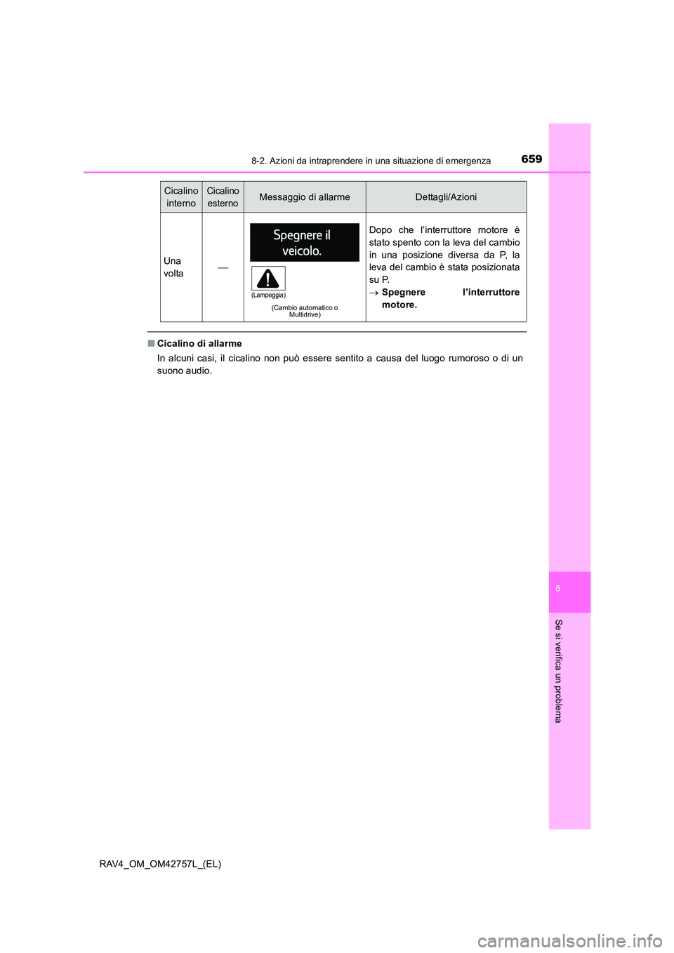 TOYOTA RAV4 2017  Manuale duso (in Italian) 6598-2. Azioni da intraprendere in una situazione di emergenza
8
Se si verifica un problema
RAV4_OM_OM42757L_(EL)
■Cicalino di allarme
In alcuni casi, il cicalino non può essere sentito a causa del