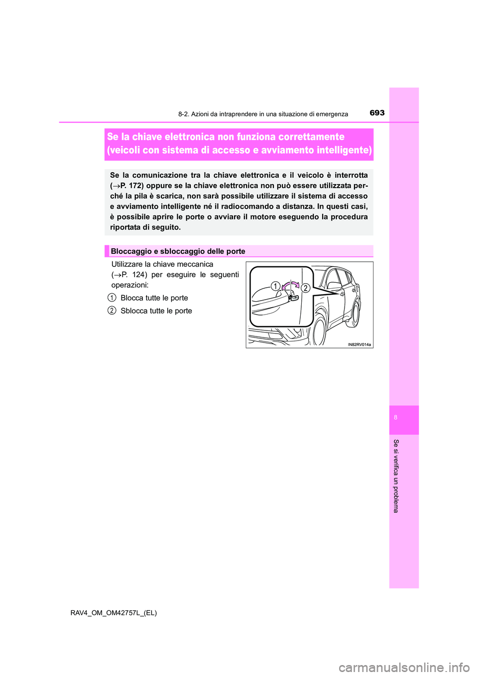 TOYOTA RAV4 2017 Manuale duso (in Italian) 6938-2. Azioni da intraprendere in una situazione di emergenza
8
Se si verifica un problema
RAV4_OM_OM42757L_(EL)
Se la chiave elettronica non funziona correttamente
(veicoli con sistema di accesso e TOYOTA RAV4 2017 Manuale duso (in Italian) 6938-2. Azioni da intraprendere in una situazione di emergenza
8
Se si verifica un problema
RAV4_OM_OM42757L_(EL)
Se la chiave elettronica non funziona correttamente
(veicoli con sistema di accesso e