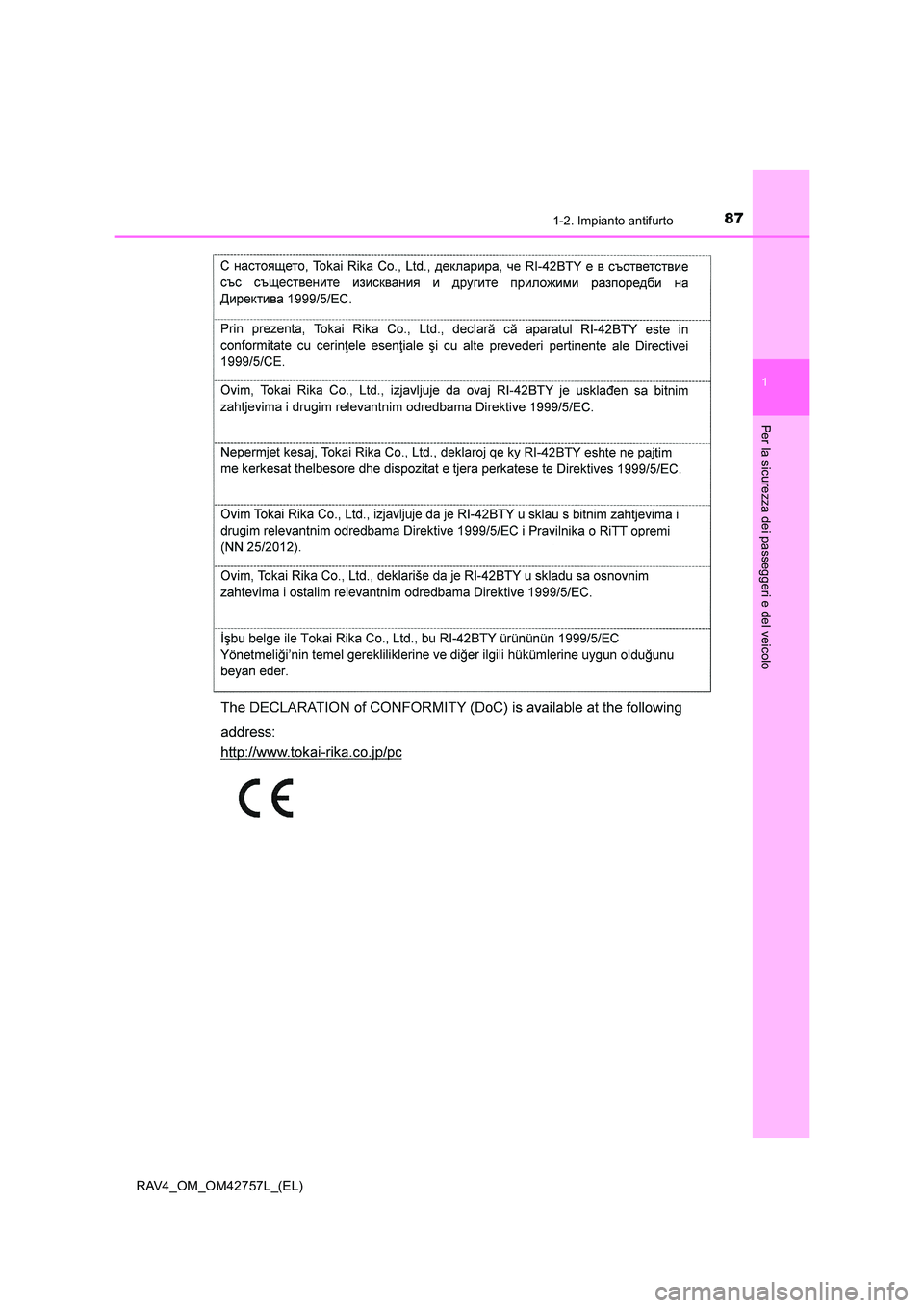 TOYOTA RAV4 2017  Manuale duso (in Italian) 871-2. Impianto antifurto
1
RAV4_OM_OM42757L_(EL)
Per la sicurezza dei passeggeri e del veicolo 