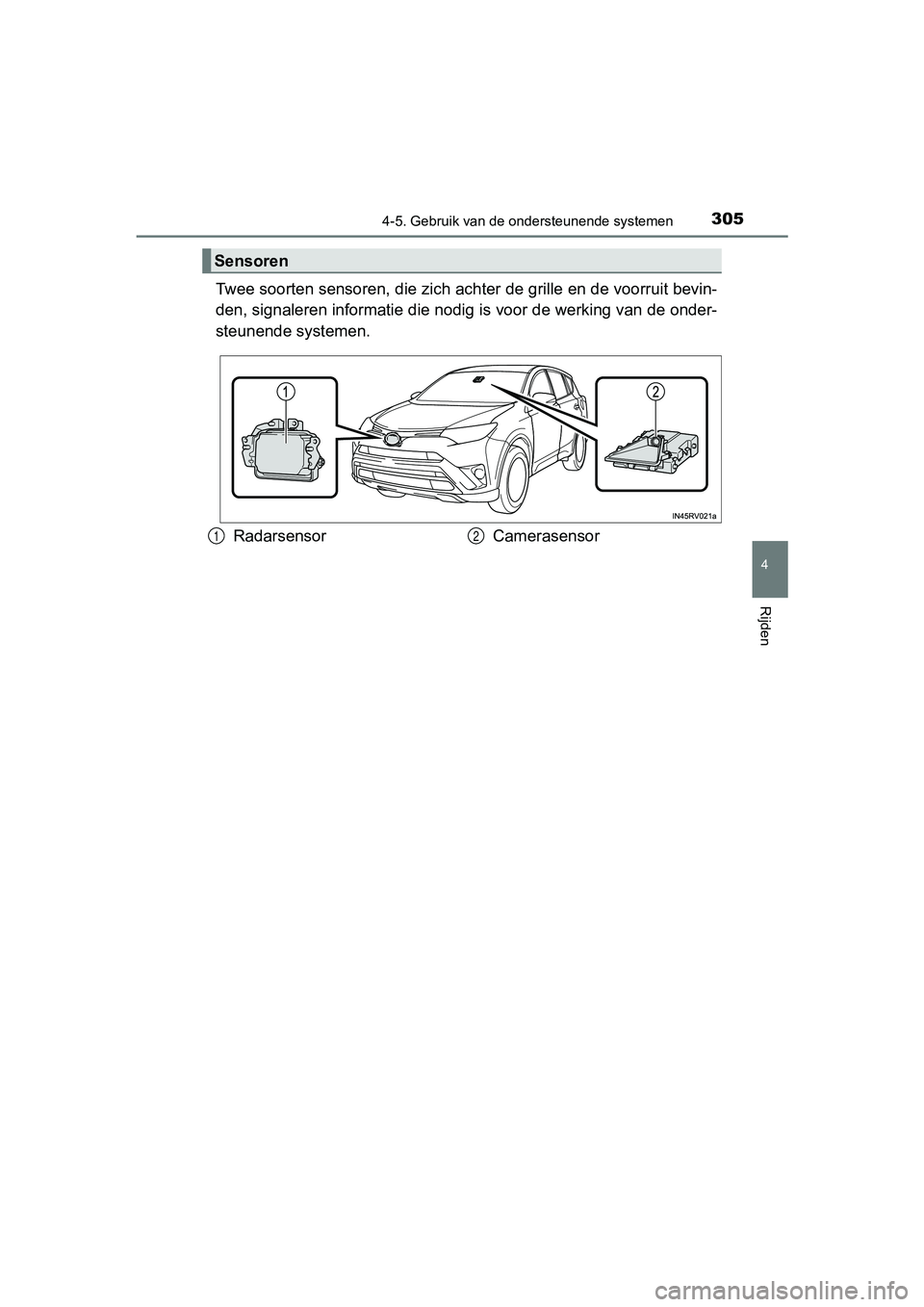 TOYOTA RAV4 2017  Instructieboekje (in Dutch) 3054-5. Gebruik van de ondersteunende systemen
4
Rijden
RAV4_OM_OM42753E_(EE)
Twee soorten sensoren, die zich achter de grille en de voorruit bevin-
den, signaleren informatie die nodig is voor de wer