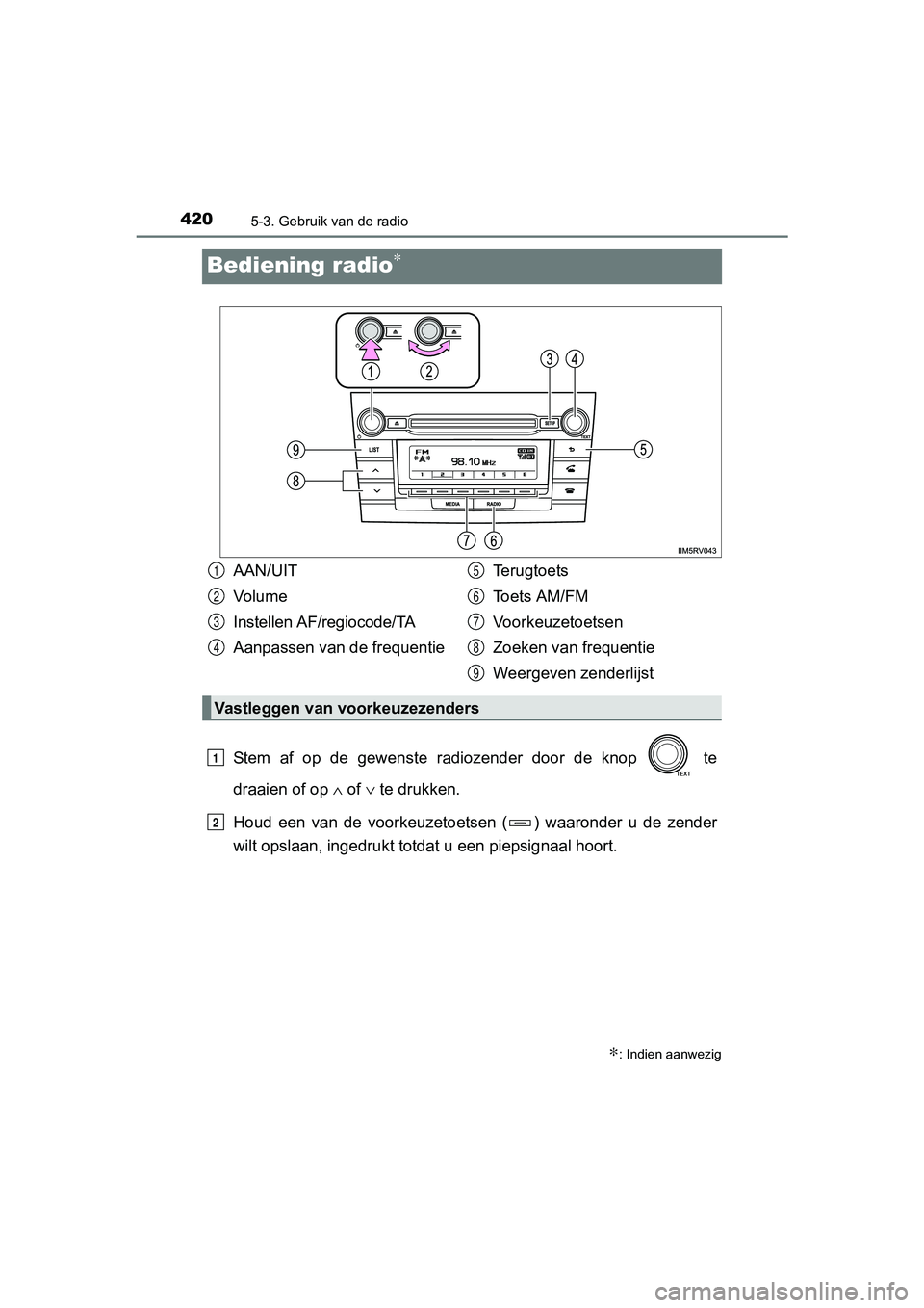 TOYOTA RAV4 2017 Instructieboekje (in Dutch) 4205-3. Gebruik van de radio
RAV4_OM_OM42753E_(EE)
Bediening radio∗
Stem af op de gewenste radiozender door de knop te
draaien of op ∧ of ∨ te drukken.
Houd een van de voorkeuzet TOYOTA RAV4 2017 Instructieboekje (in Dutch) 4205-3. Gebruik van de radio
RAV4_OM_OM42753E_(EE)
Bediening radio∗
Stem af op de gewenste radiozender door de knop te
draaien of op ∧ of ∨ te drukken.
Houd een van de voorkeuzet