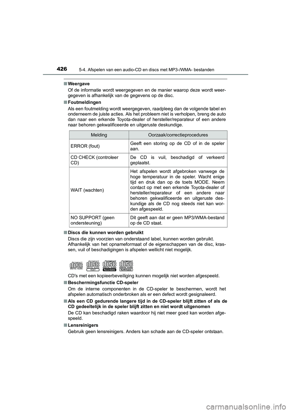 TOYOTA RAV4 2017 Instructieboekje (in Dutch) 4265-4. Afspelen van een audio-CD en discs met MP3-/WMA- bestanden
RAV4_OM_OM42753E_(EE)
■Weergave
Of de informatie wordt weergegeven en de manier waarop deze wor dt weer-
gegeven is afhankelijk van TOYOTA RAV4 2017 Instructieboekje (in Dutch) 4265-4. Afspelen van een audio-CD en discs met MP3-/WMA- bestanden
RAV4_OM_OM42753E_(EE)
■Weergave
Of de informatie wordt weergegeven en de manier waarop deze wor dt weer-
gegeven is afhankelijk van
