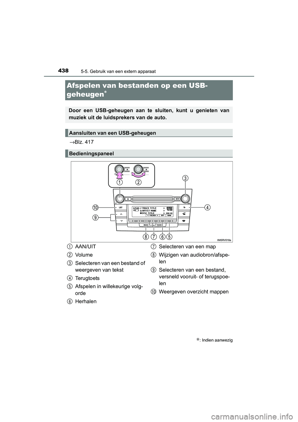 TOYOTA RAV4 2017 Instructieboekje (in Dutch) 4385-5. Gebruik van een extern apparaat
RAV4_OM_OM42753E_(EE)
Afspelen van bestanden op een USB-
geheugen
∗
→Blz. 417
∗: Indien aanwezig
Door een USB-geheugen aan te sluiten, kunt u geni TOYOTA RAV4 2017 Instructieboekje (in Dutch) 4385-5. Gebruik van een extern apparaat
RAV4_OM_OM42753E_(EE)
Afspelen van bestanden op een USB-
geheugen
∗
→Blz. 417
∗: Indien aanwezig
Door een USB-geheugen aan te sluiten, kunt u geni