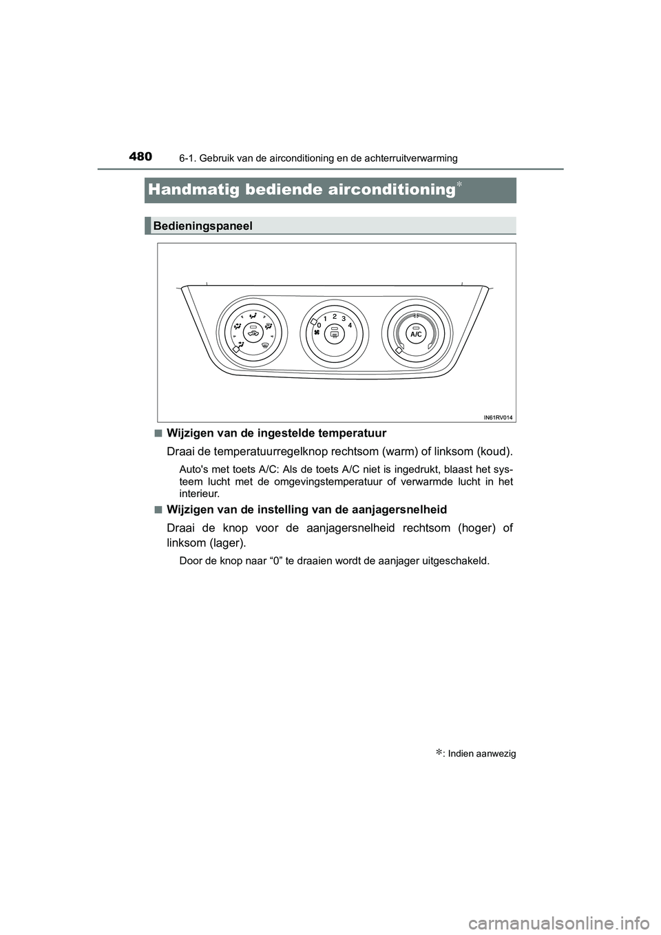 TOYOTA RAV4 2017  Instructieboekje (in Dutch) 4806-1. Gebruik van de airconditioning en de achterruitverwarming
RAV4_OM_OM42753E_(EE)
Handmatig bediende airconditioning∗
■Wijzigen van de ingestelde temperatuur
Draai de temperatuurregelknop re