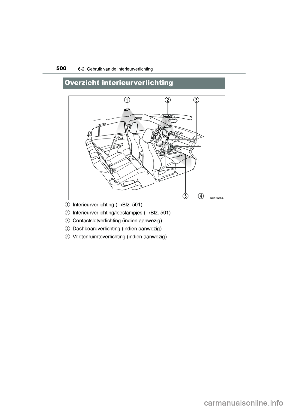 TOYOTA RAV4 2017 Instructieboekje (in Dutch) 5006-2. Gebruik van de interieurverlichting
RAV4_OM_OM42753E_(EE)
Overzicht interieur verlichting
Interieurverlichting (→Blz. 501)
Interieurverlichtin g/leeslampjes (→Blz. 501)
Contactslotverlicht TOYOTA RAV4 2017 Instructieboekje (in Dutch) 5006-2. Gebruik van de interieurverlichting
RAV4_OM_OM42753E_(EE)
Overzicht interieur verlichting
Interieurverlichting (→Blz. 501)
Interieurverlichtin g/leeslampjes (→Blz. 501)
Contactslotverlicht