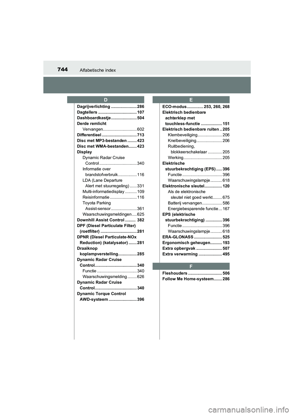 TOYOTA RAV4 2017  Instructieboekje (in Dutch) 744Alfabetische index
RAV4_OM_OM42753E_(EE)
Dagrijverlichting ...................... 286
Dagtellers ................................. 107
Dashboardkastje ...................... 504
Derde remlichtVerva