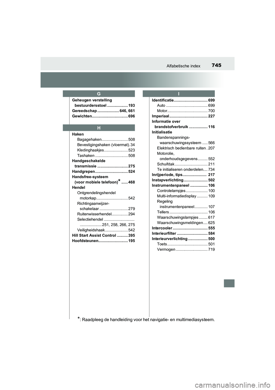 TOYOTA RAV4 2017  Instructieboekje (in Dutch) 745Alfabetische index
RAV4_OM_OM42753E_(EE)
Geheugen verstelling bestuurdersstoel ................... 193
Gereedschap .................... 646, 661
Gewichten................................. 696
Haken