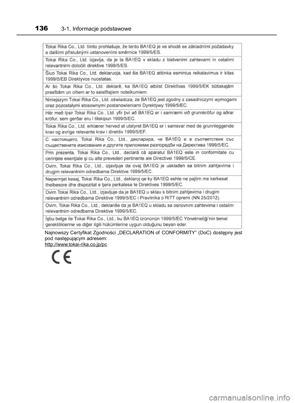 TOYOTA RAV4 2017 Instrukcja obsługi (in Polish) 1363-1. Informacje podstawowe
Najnowszy Cer tyfikat ZgodnoÊci „DECLARATION of CONFORMITY” (DoC) dost´pny jest
pod nast´pujàcym adresem:
http://www
.tokai-rika.co.jp/pc
44 RAV4_OM42753E 2/9/16 TOYOTA RAV4 2017 Instrukcja obsługi (in Polish) 1363-1. Informacje podstawowe
Najnowszy Cer tyfikat ZgodnoÊci „DECLARATION of CONFORMITY” (DoC) dost´pny jest
pod nast´pujàcym adresem:
http://www
.tokai-rika.co.jp/pc
44 RAV4_OM42753E 2/9/16