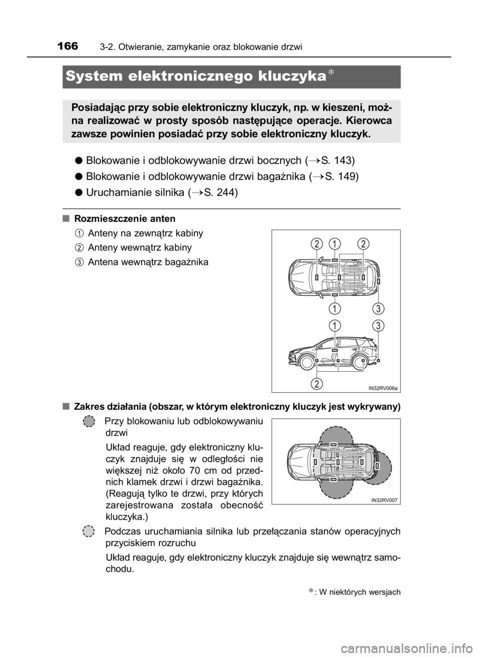 TOYOTA RAV4 2017  Instrukcja obsługi (in Polish) Blokowanie i odblokowywanie drzwi bocznych (S. 143)
Blokowanie i odblokowywanie drzwi baga˝nika (
S. 149)
Uruchamianie silnika (
S. 244)
Rozmieszczenie anten
Anteny na zewnàtrz kabiny
Anteny wewn