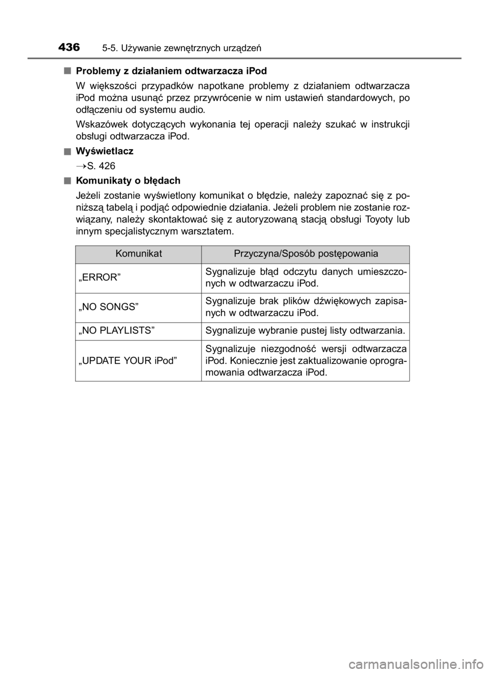 TOYOTA RAV4 2017  Instrukcja obsługi (in Polish) Problemy z dzia∏aniem odtwarzacza iPod
W wi´kszoÊci  przypadków  napotkane  problemy  z dzia∏aniem  odtwarzacza
iPod  mo˝na  usunàç  przez  przywrócenie  w nim  ustawieƒ  standardowych,  p