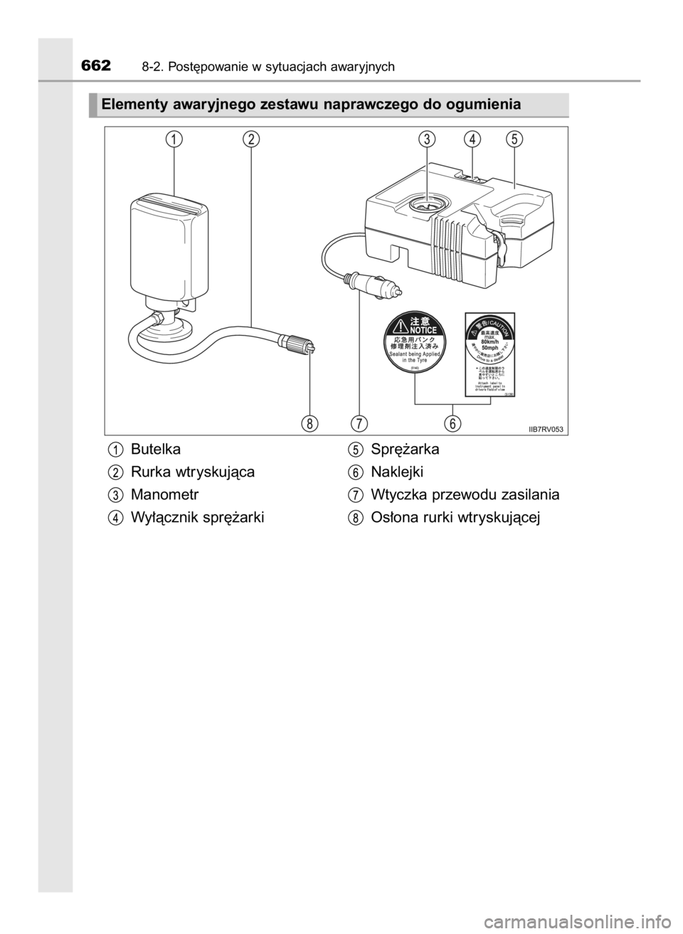 TOYOTA RAV4 2017  Instrukcja obsługi (in Polish) 6628-2. Post´powanie w sytuacjach awaryjnych
Butelka
Rurka wtryskujàca
Manometr
Wy∏àcznik spr´˝arkiSpr´˝arka
Naklejki
Wtyczka przewodu zasilania
Os∏ona rurki wtryskujàcej
Elementy awaryjne