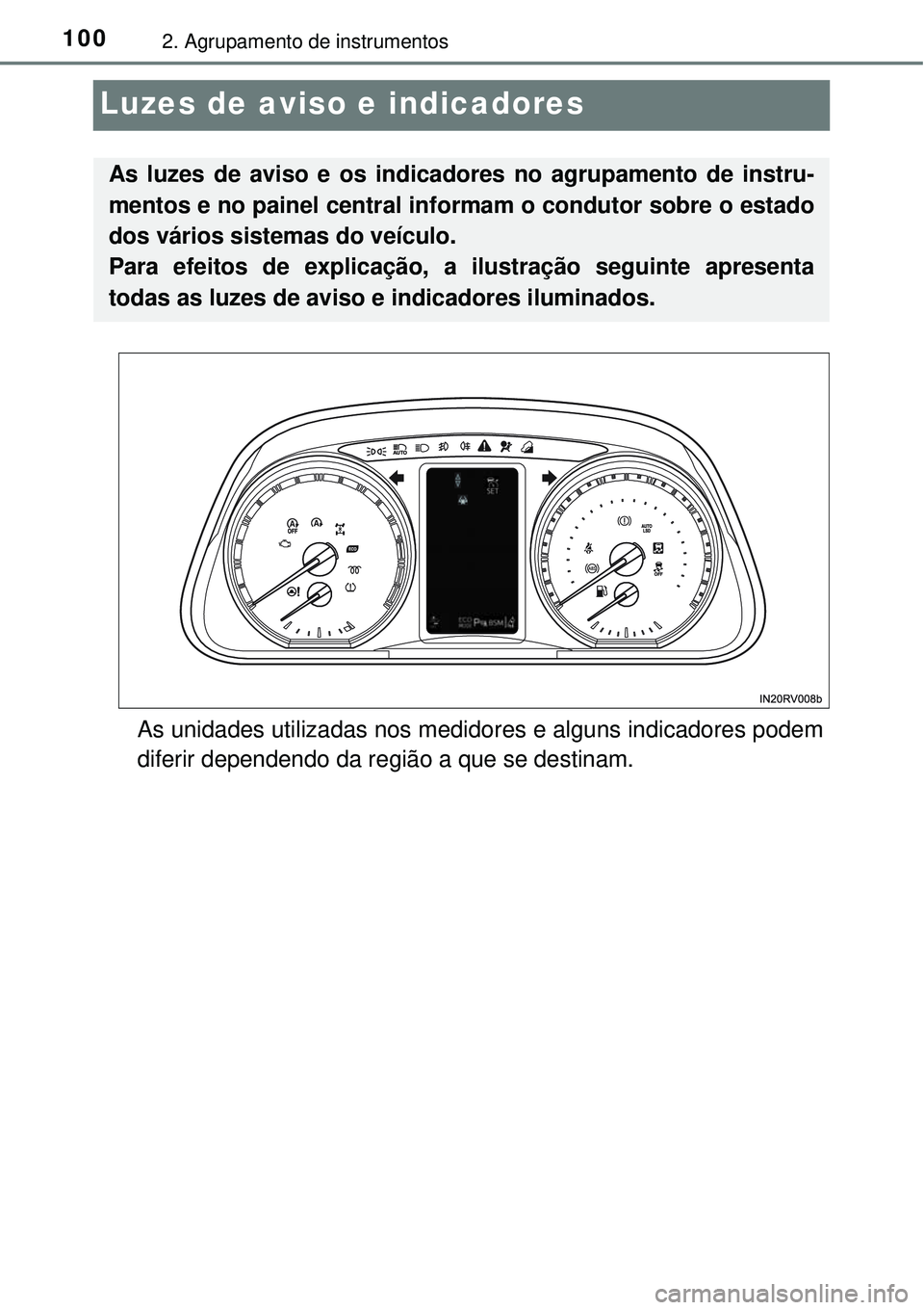 TOYOTA RAV4 2017 Manual de utilização (in Portuguese) 1002. Agrupamento de instrumentos
Luzes de aviso e indicadores
As unidades utilizadas nos medidores e alguns indicadores podem
diferir dependendo da região a que se destinam.
As luzes de aviso e os i TOYOTA RAV4 2017 Manual de utilização (in Portuguese) 1002. Agrupamento de instrumentos
Luzes de aviso e indicadores
As unidades utilizadas nos medidores e alguns indicadores podem
diferir dependendo da região a que se destinam.
As luzes de aviso e os i
